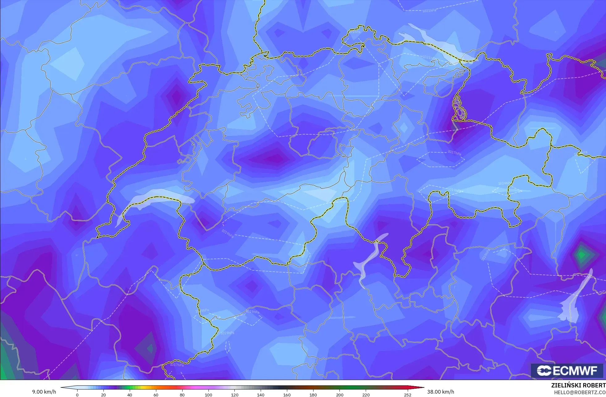ECMWF IFS 0.25° نموذج - سويسرا, أقصى هبة