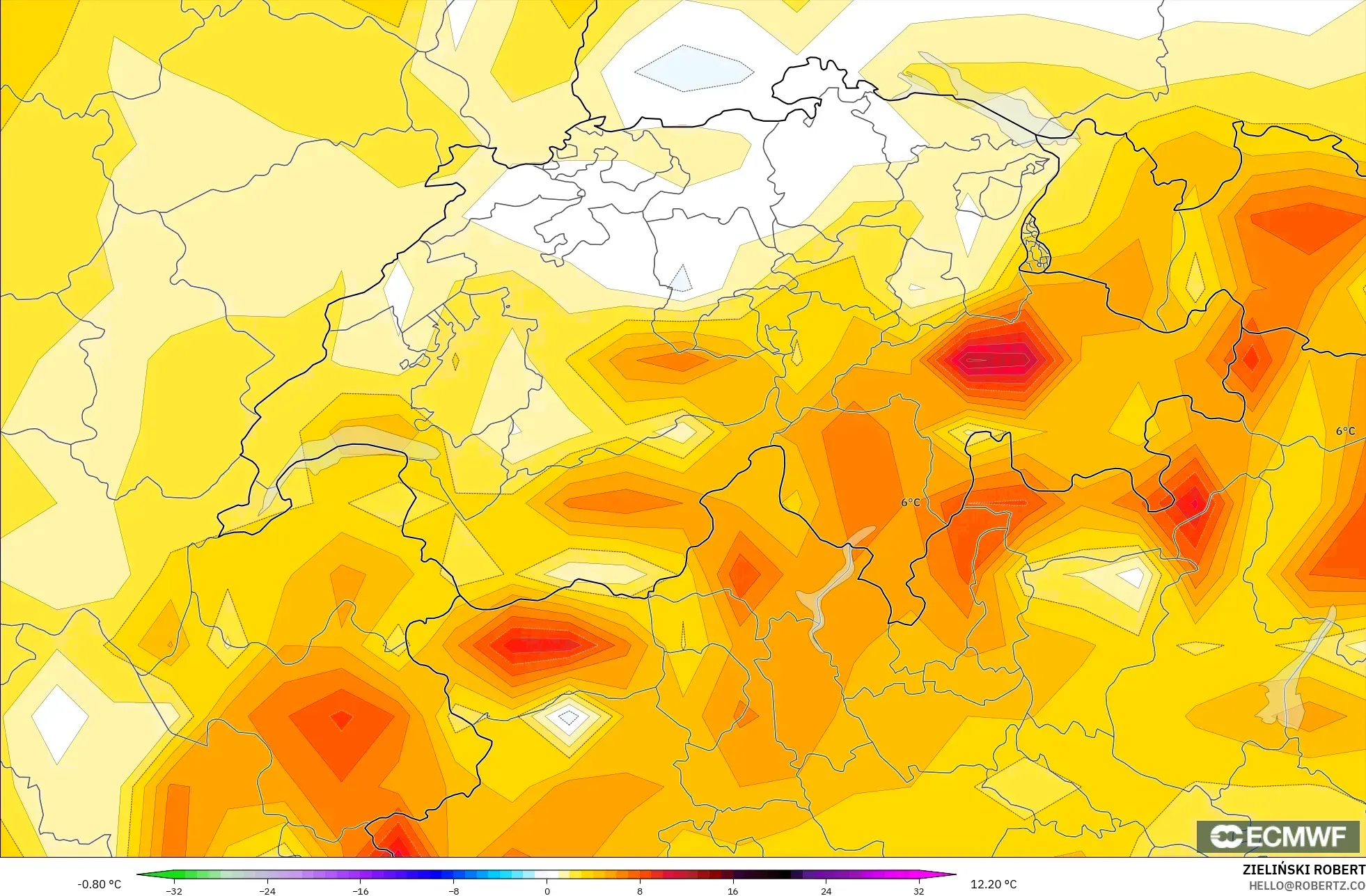 ECMWF IFS 0.25° model - Switzerland, Temperature at 2m Anomaly