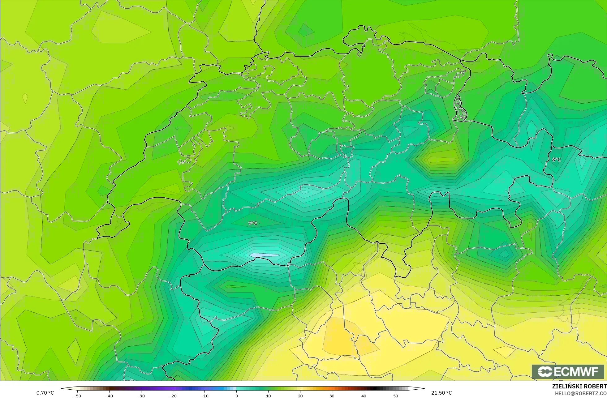 ECMWF IFS 0.25° نموذج - سويسرا, درجة الحرارة على ارتفاع 2 م