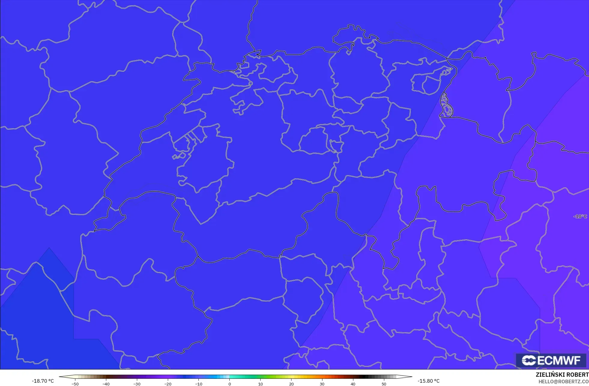 ECMWF IFS 0.25° نموذج - سويسرا, درجة الحرارة 500 hPa