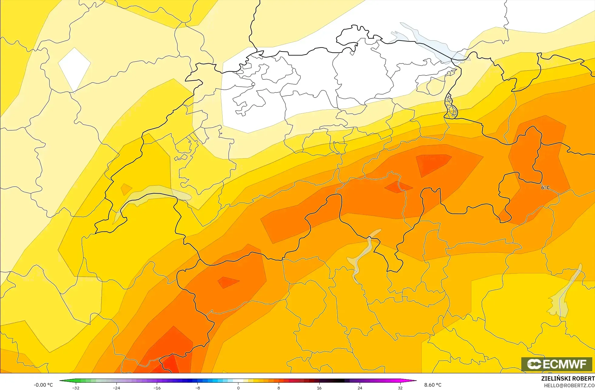 ECMWF IFS 0.25° نموذج - سويسرا, انحراف درجة الحرارة 850 hPa