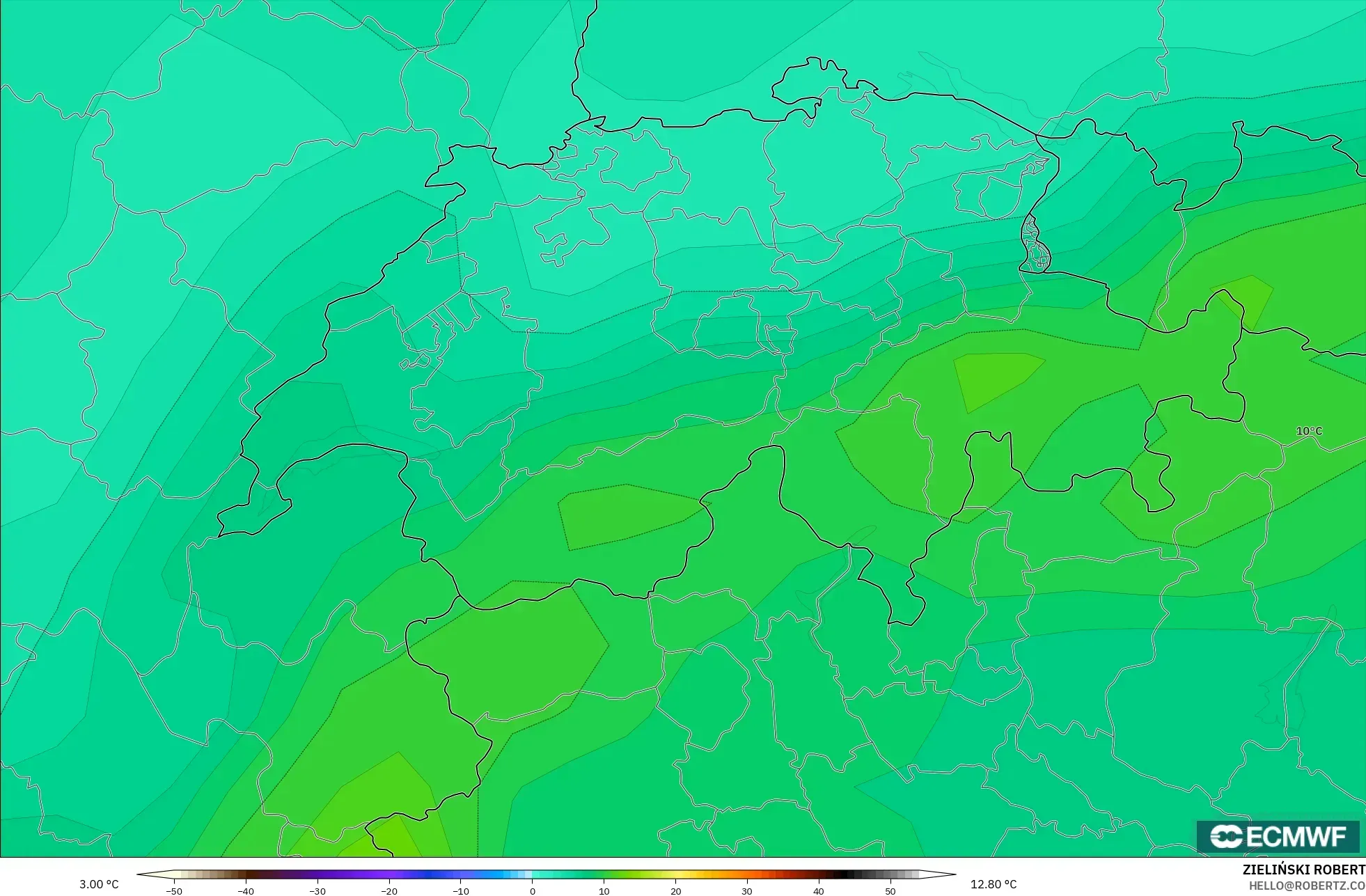 ECMWF IFS 0.25° نموذج - سويسرا, درجة الحرارة 850 hPa