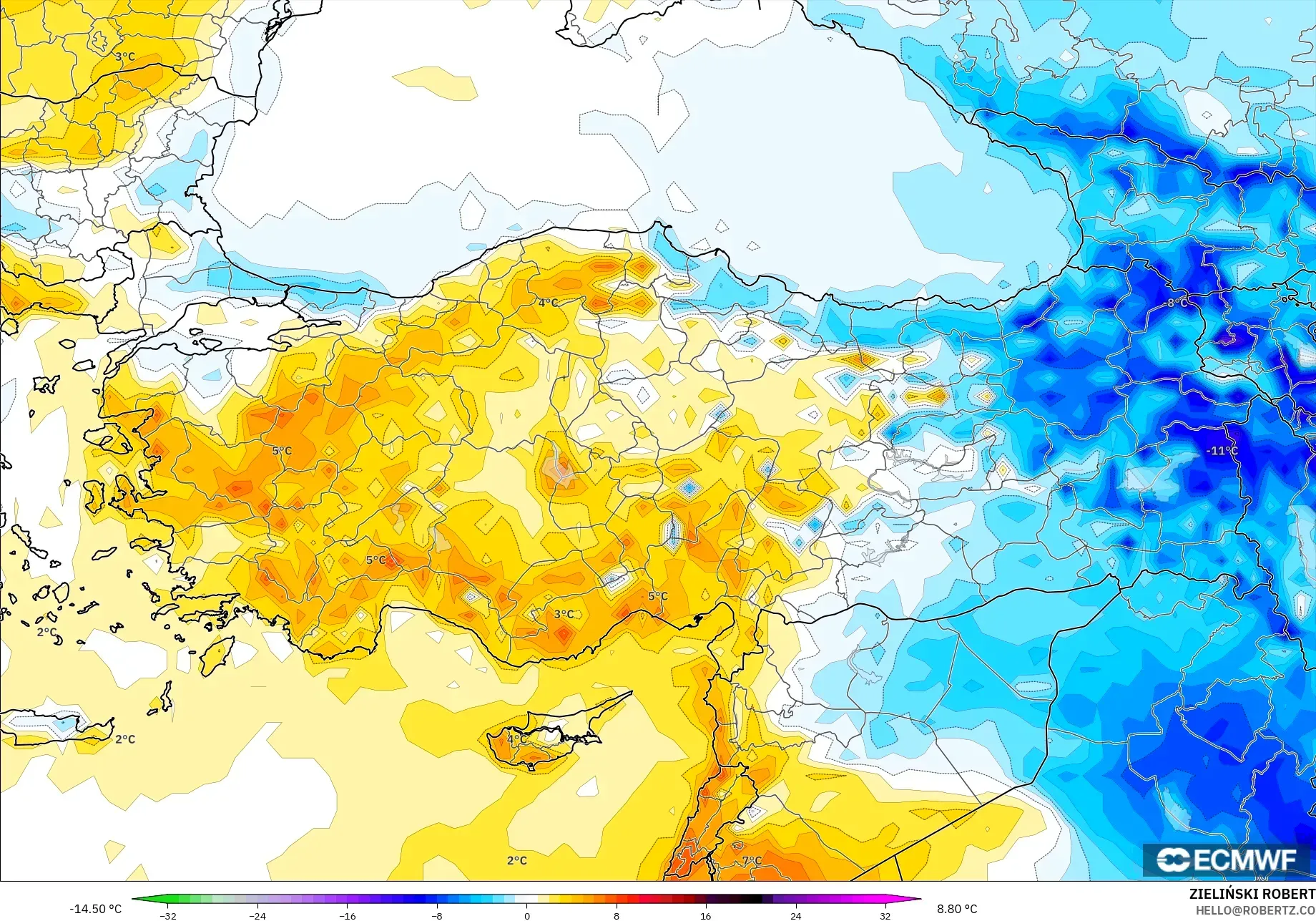 ECMWF IFS 0.25° نموذج - تركيا, انحراف درجة الحرارة 2 م
