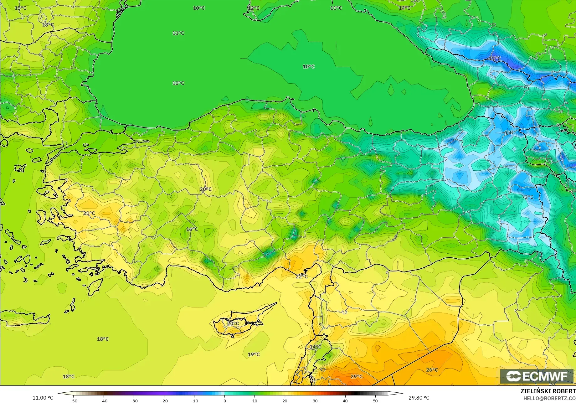 ECMWF IFS 0.25° نموذج - تركيا, درجة الحرارة على ارتفاع 2 م