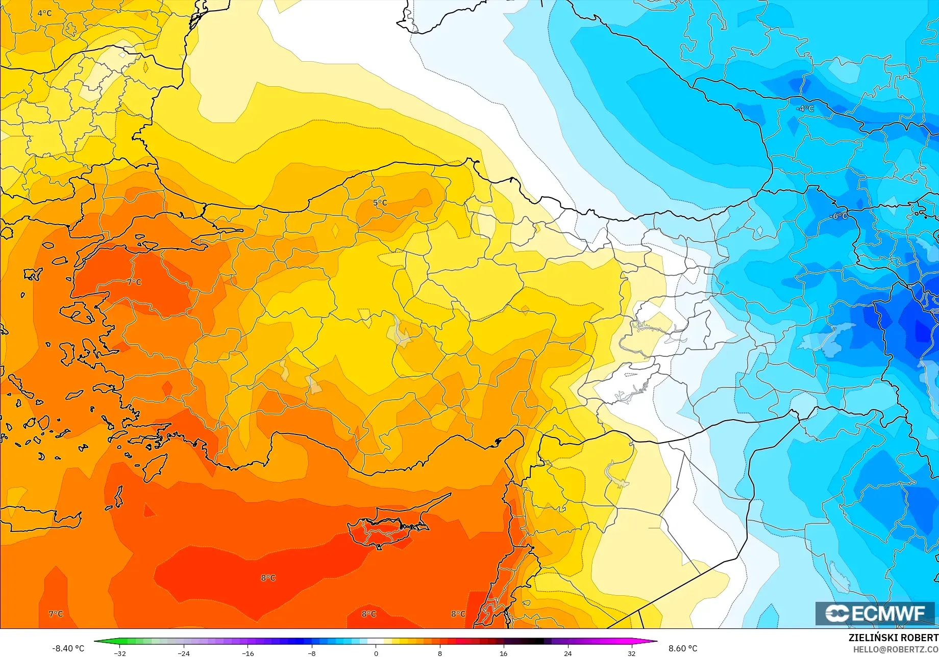 ECMWF IFS 0.25° نموذج - تركيا, انحراف درجة الحرارة 850 hPa