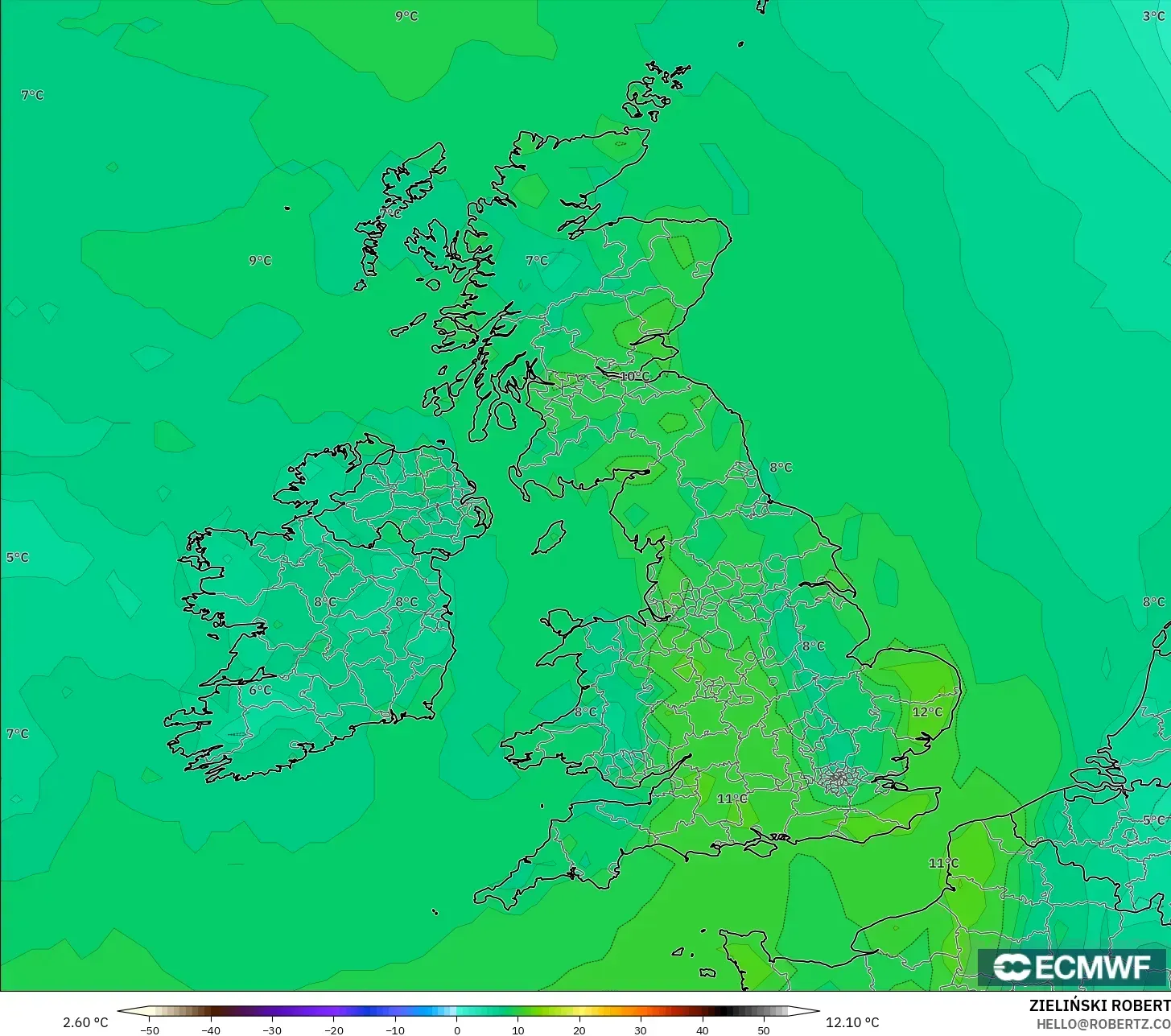 ECMWF IFS 0.25° نموذج - المملكة المتحدة, نقطة الندى 2 م