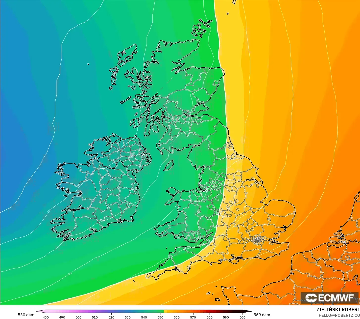 ECMWF IFS 0.25° نموذج - المملكة المتحدة, الارتفاع الجهدي عند 500 هكتوباسكال