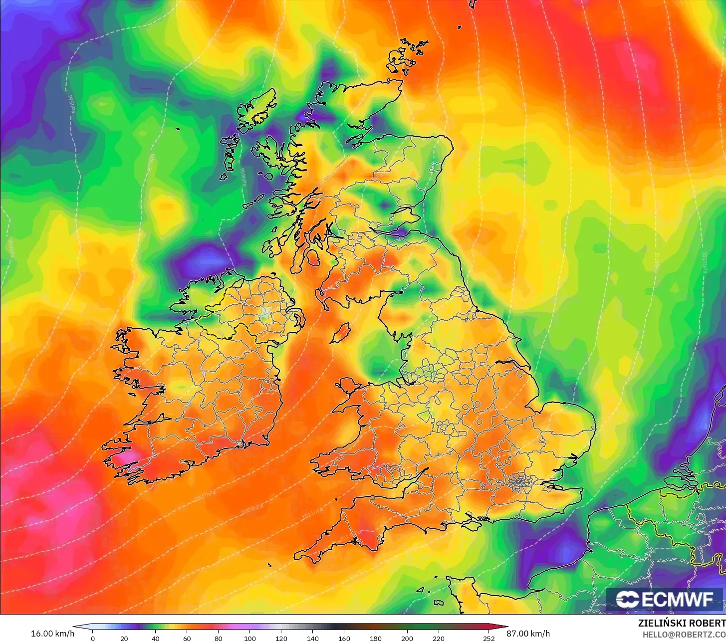 ECMWF IFS 0.25° نموذج - المملكة المتحدة, هبات الرياح