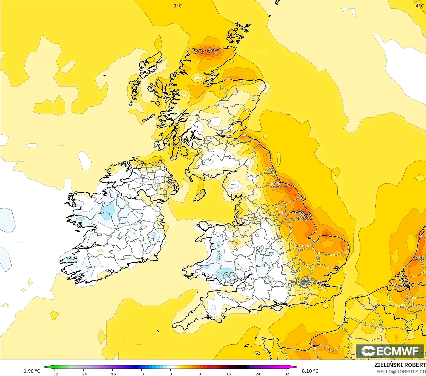 ECMWF IFS 0.25° نموذج - المملكة المتحدة, انحراف درجة الحرارة 2 م