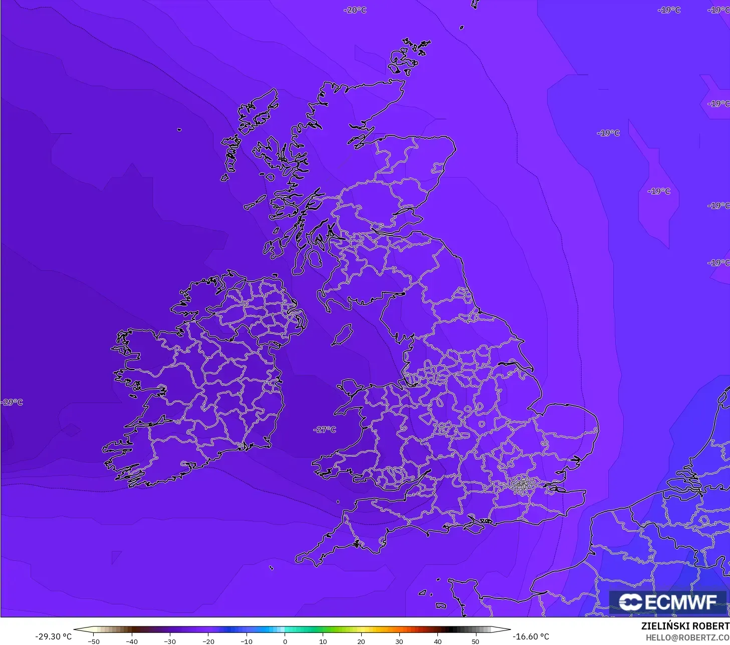 ECMWF IFS 0.25° نموذج - المملكة المتحدة, درجة الحرارة 500 hPa