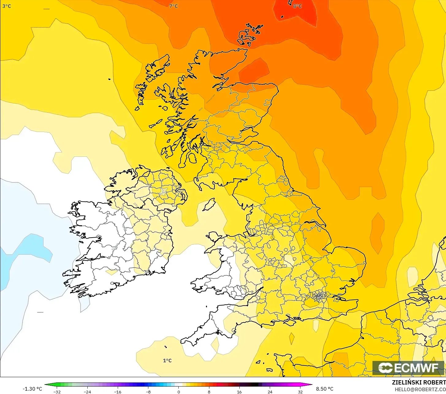 ECMWF IFS 0.25° نموذج - المملكة المتحدة, انحراف درجة الحرارة 850 hPa
