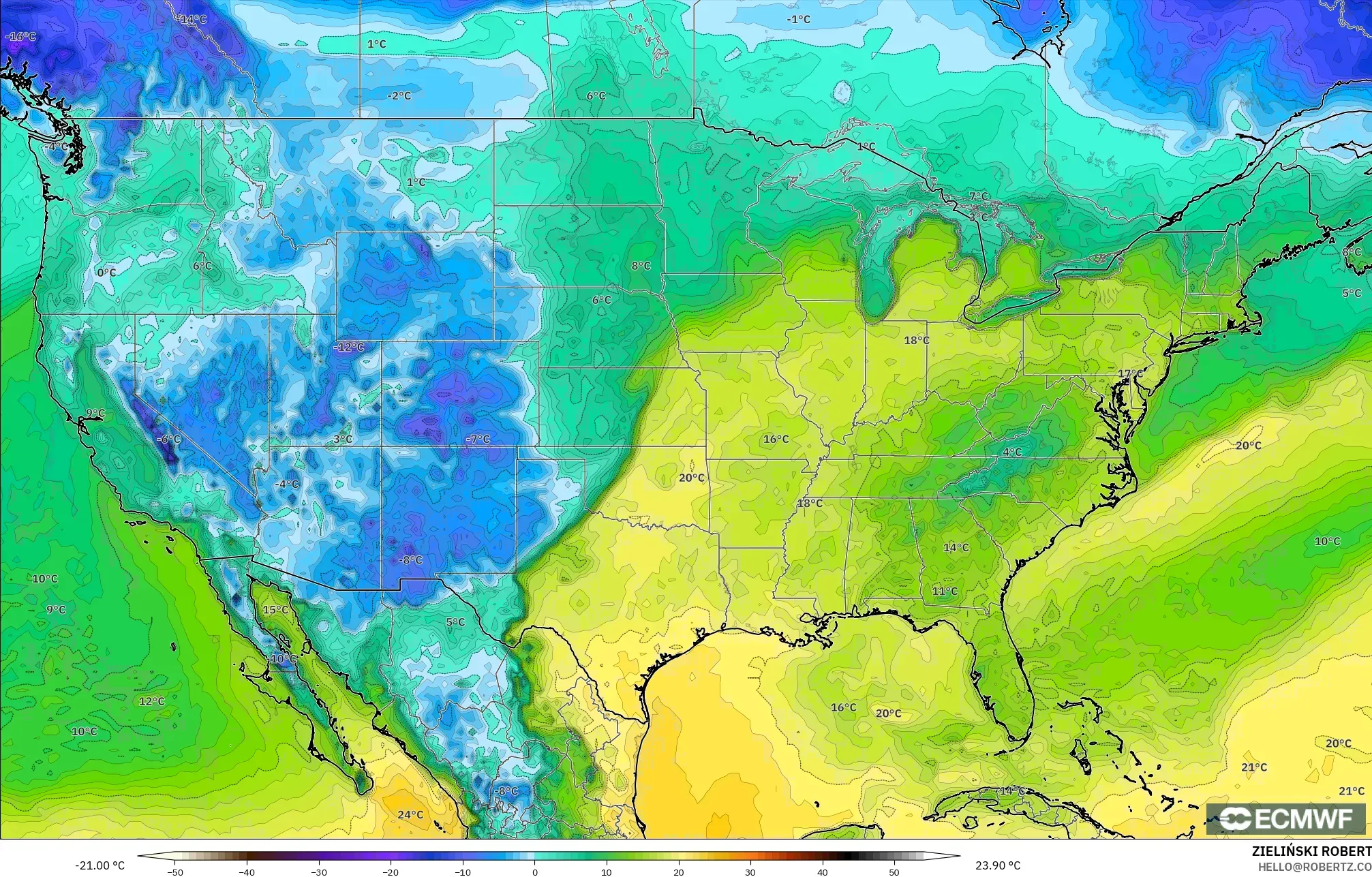 ECMWF IFS 0.25° نموذج - الولايات المتحدة, نقطة الندى 2 م