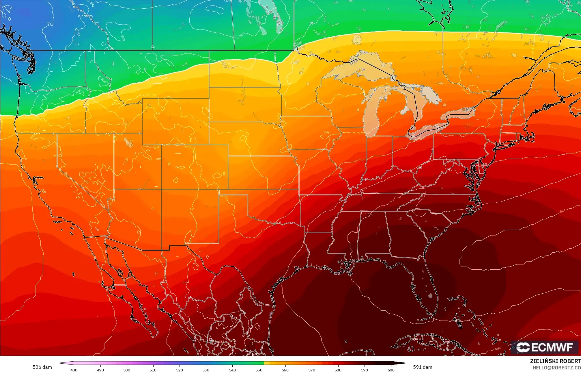 ECMWF IFS 0.25° نموذج - الولايات المتحدة, الارتفاع الجهدي عند 500 هكتوباسكال
