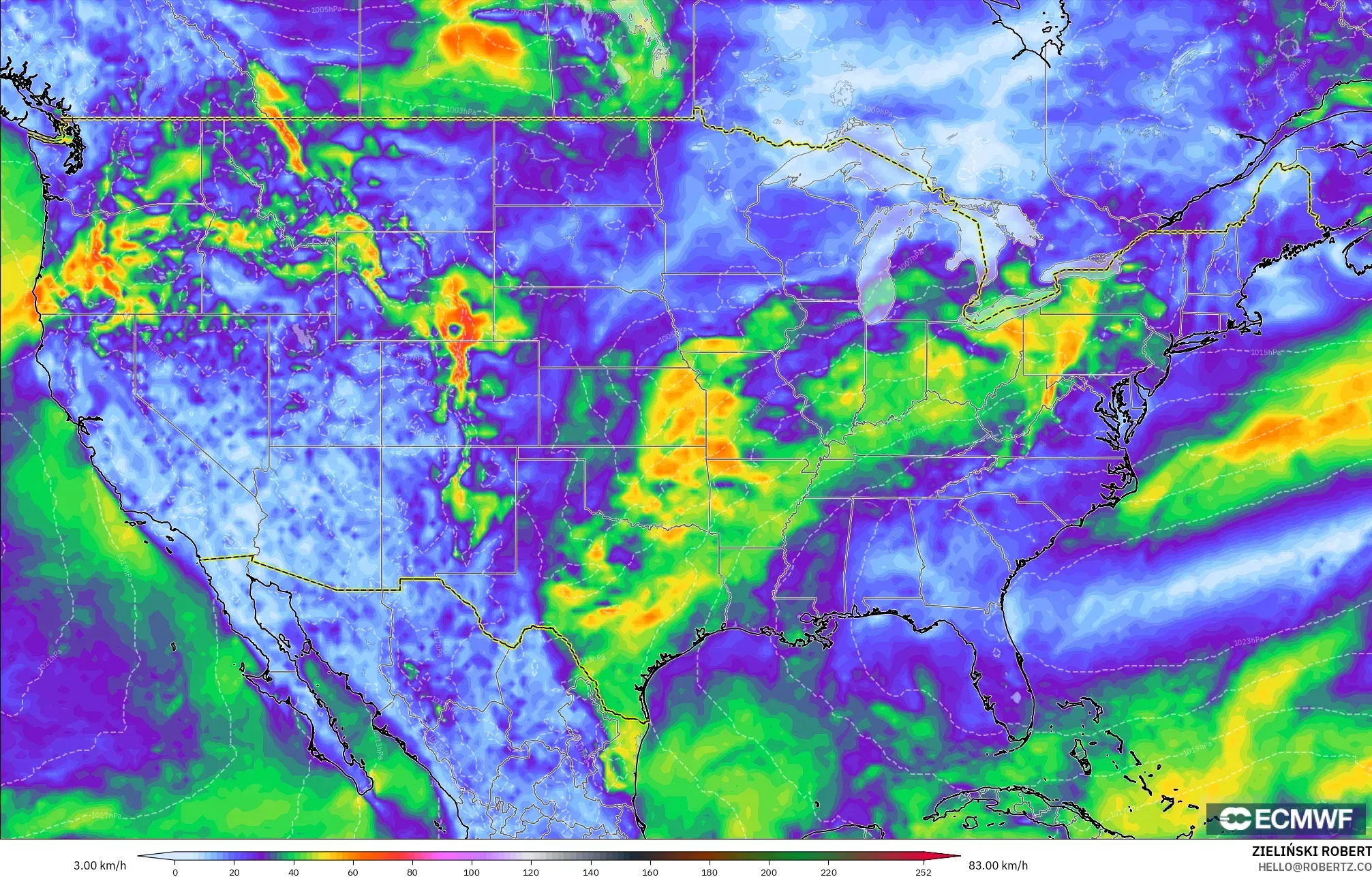 ECMWF IFS 0.25° نموذج - الولايات المتحدة, هبات الرياح
