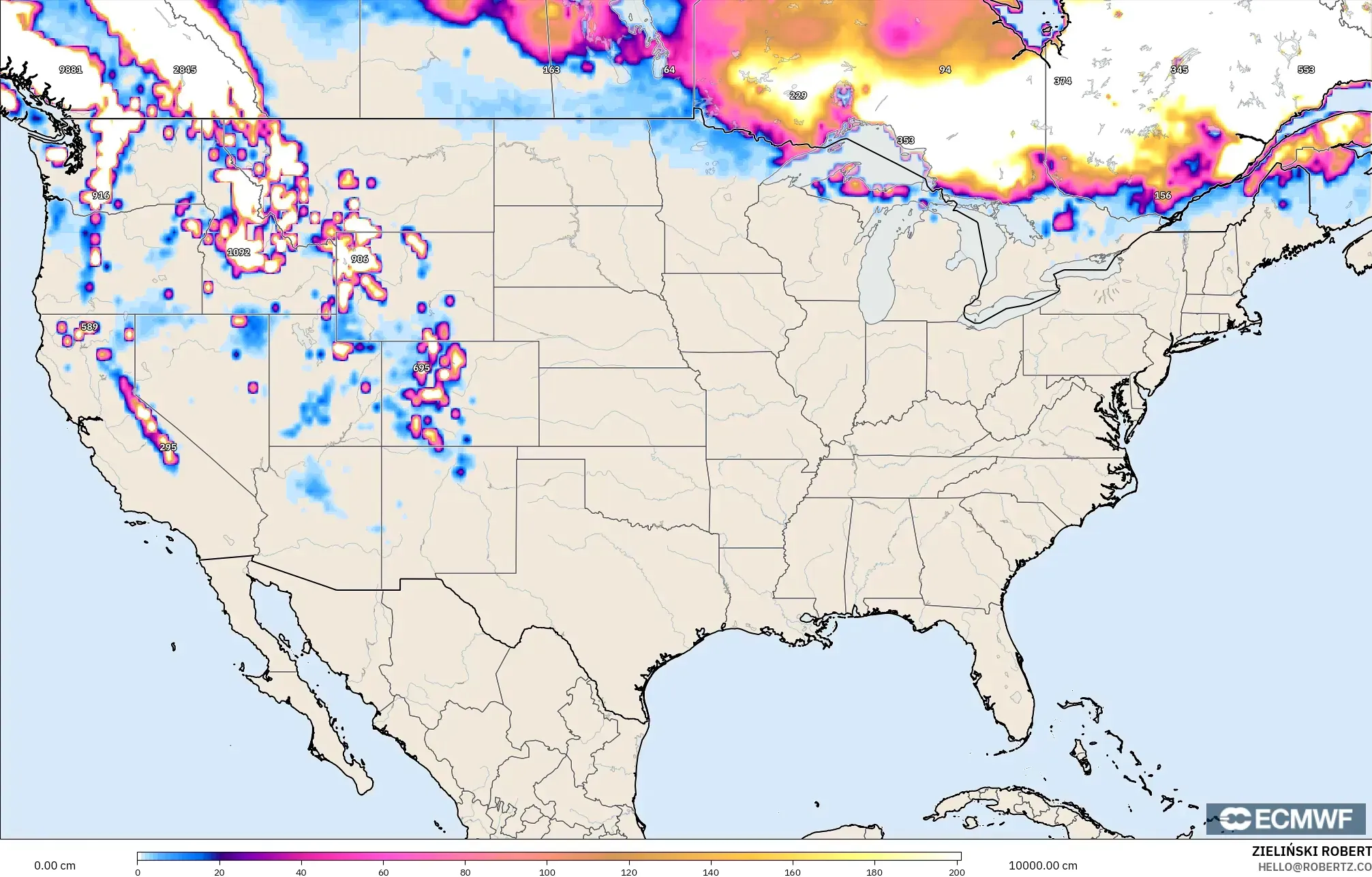 ECMWF IFS 0.25° نموذج - الولايات المتحدة, عمق الثلج
