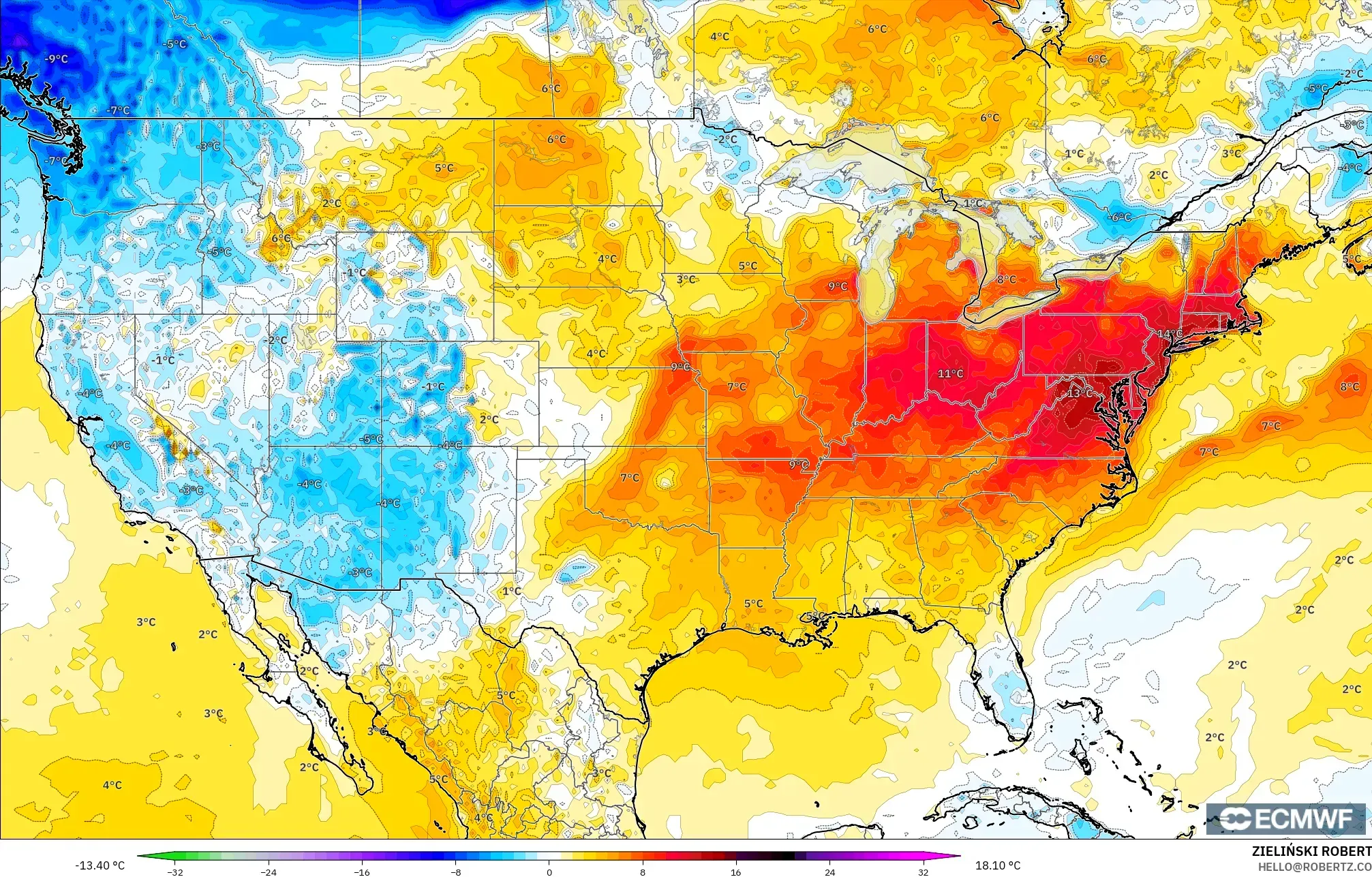 ECMWF IFS 0.25° نموذج - الولايات المتحدة, انحراف درجة الحرارة 2 م