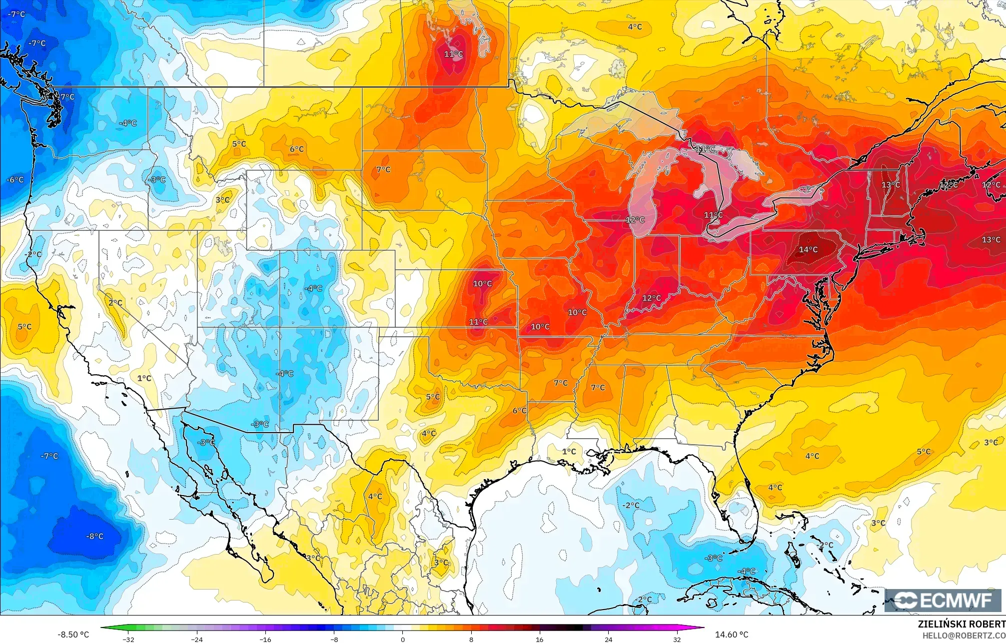 ECMWF IFS 0.25° model - United States, Temperature at 850hPa Anomaly