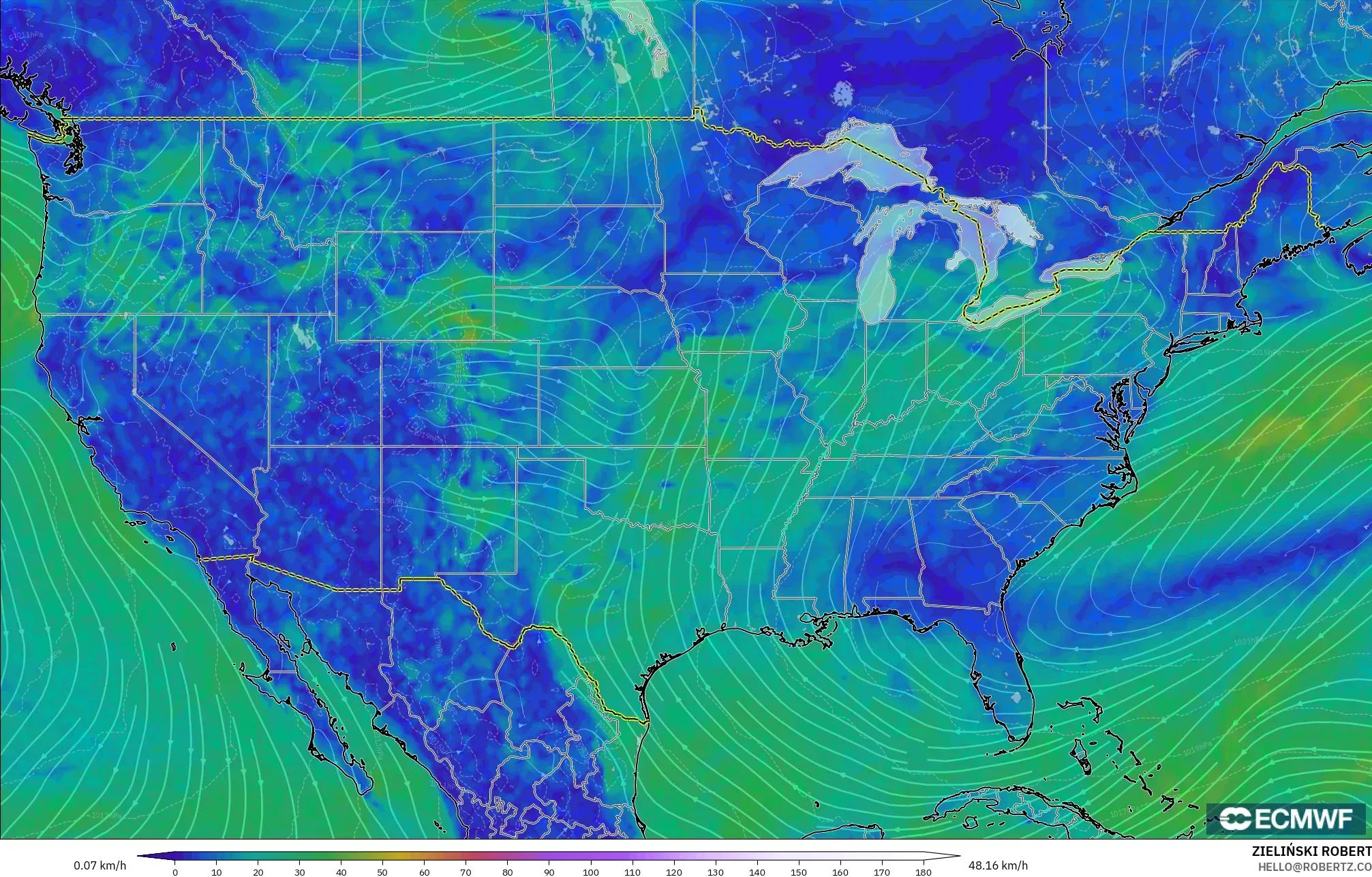 ECMWF IFS 0.25° نموذج - الولايات المتحدة, رياح 10 م