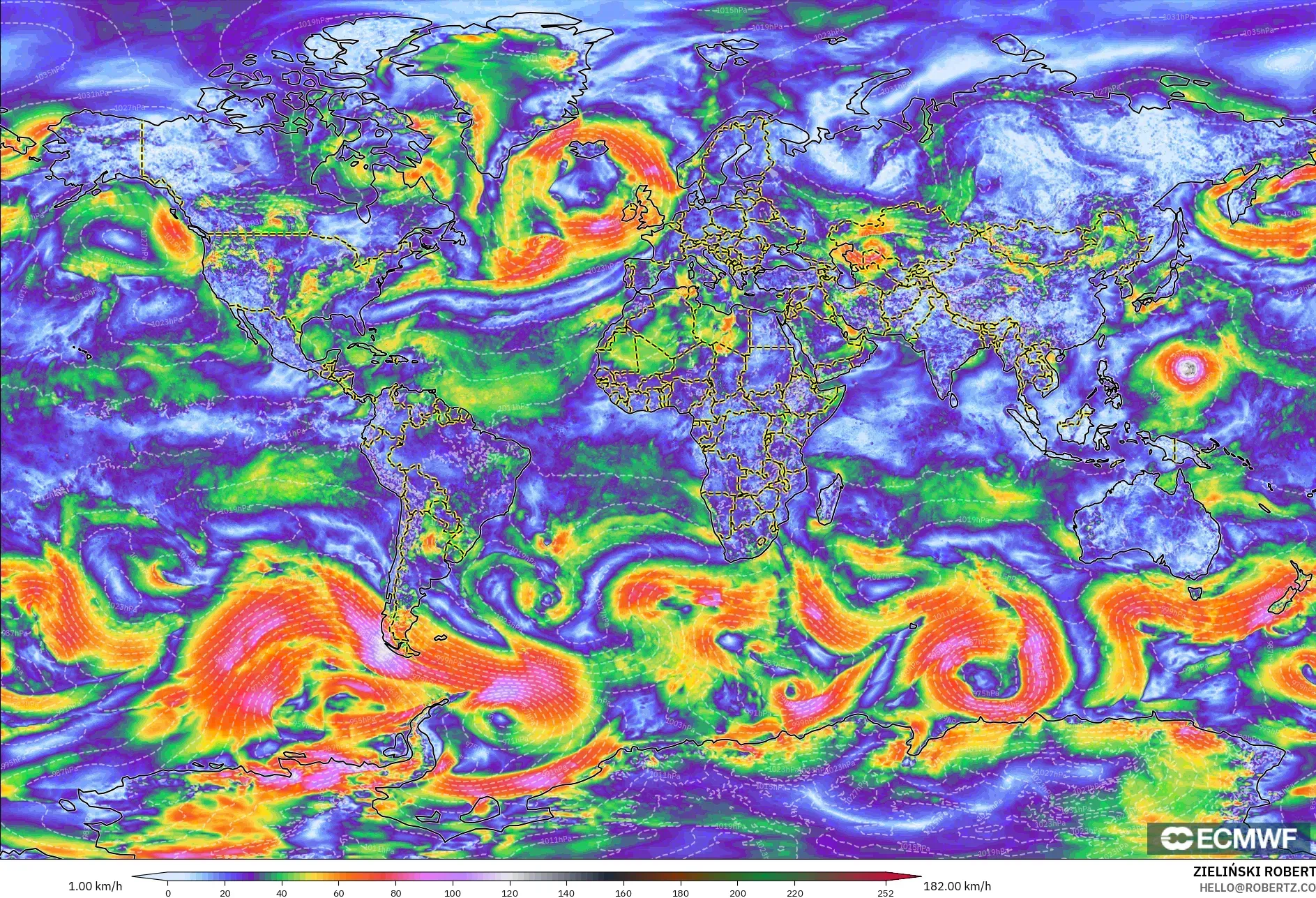 ECMWF IFS 0.25° نموذج - العالم, هبات الرياح