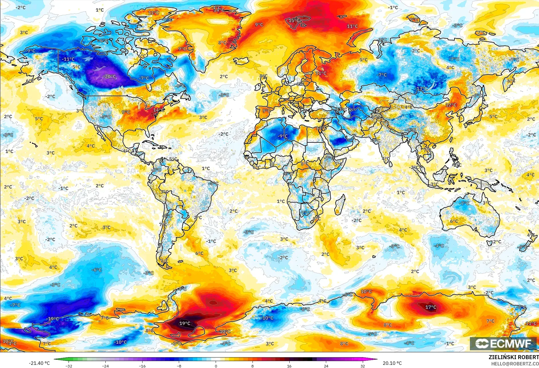 ECMWF IFS 0.25° نموذج - العالم, انحراف درجة الحرارة 2 م