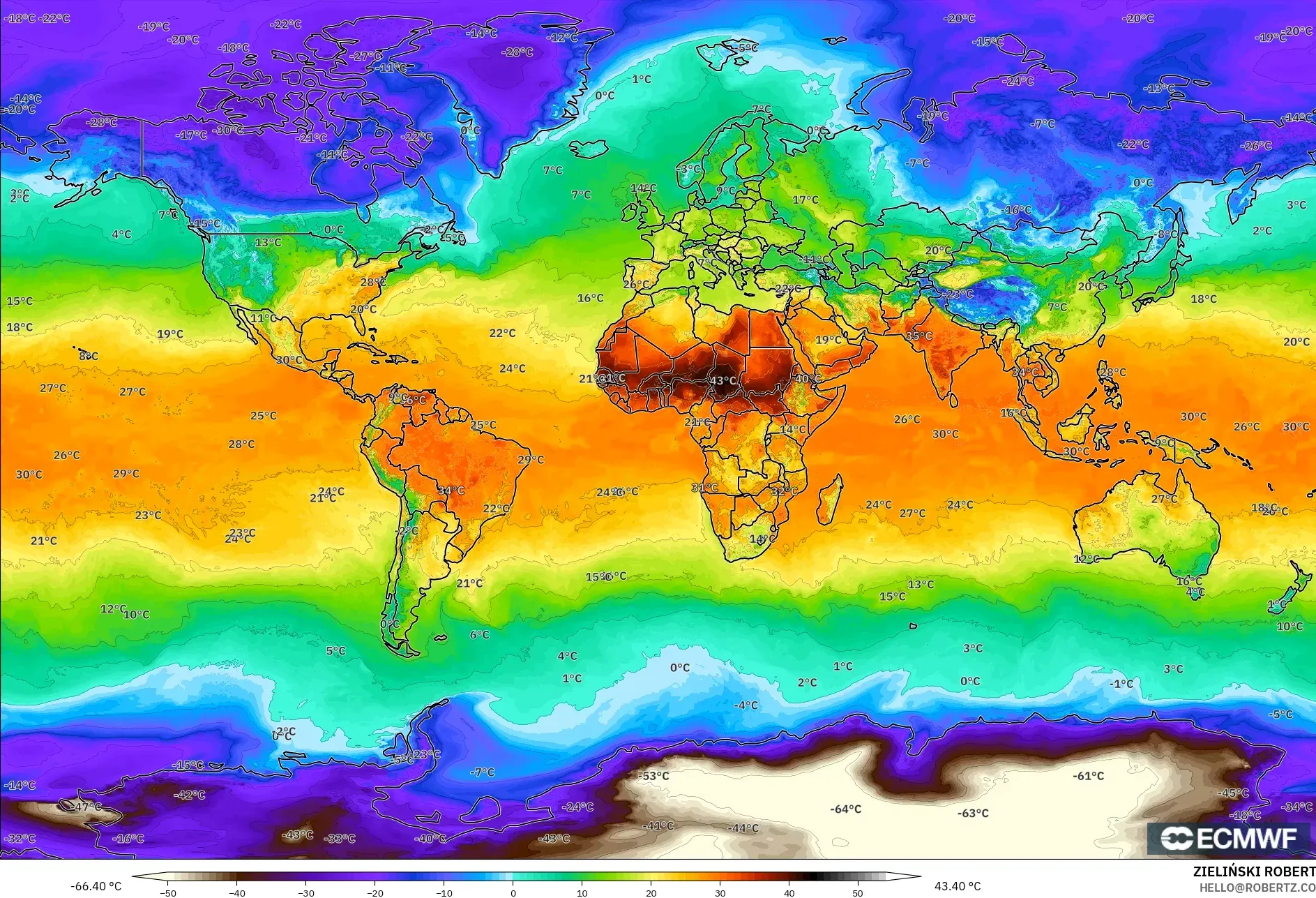 ECMWF IFS 0.25° نموذج - العالم, درجة الحرارة على ارتفاع 2 م