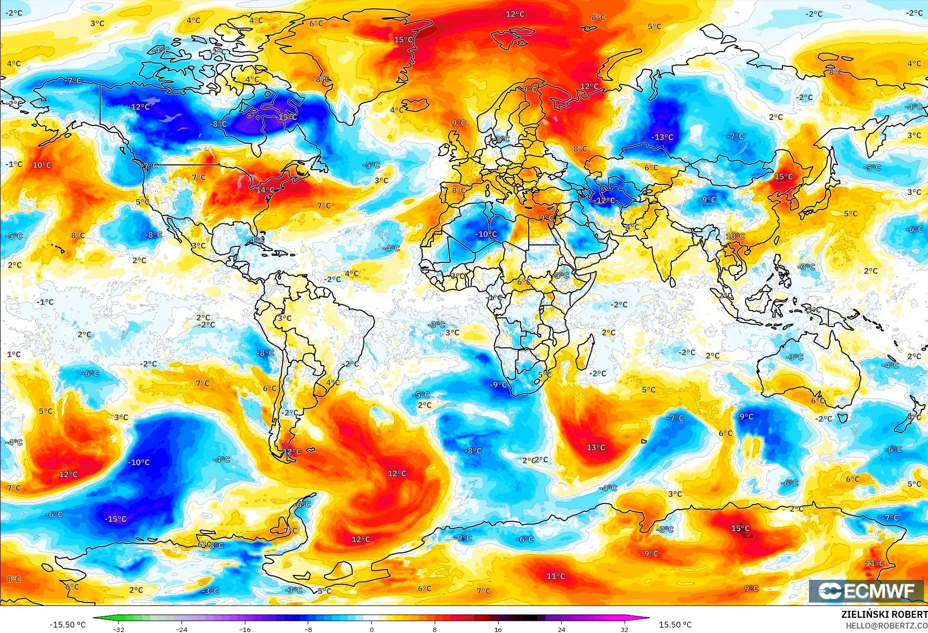 ECMWF IFS 0.25° نموذج - العالم, انحراف درجة الحرارة 850 hPa