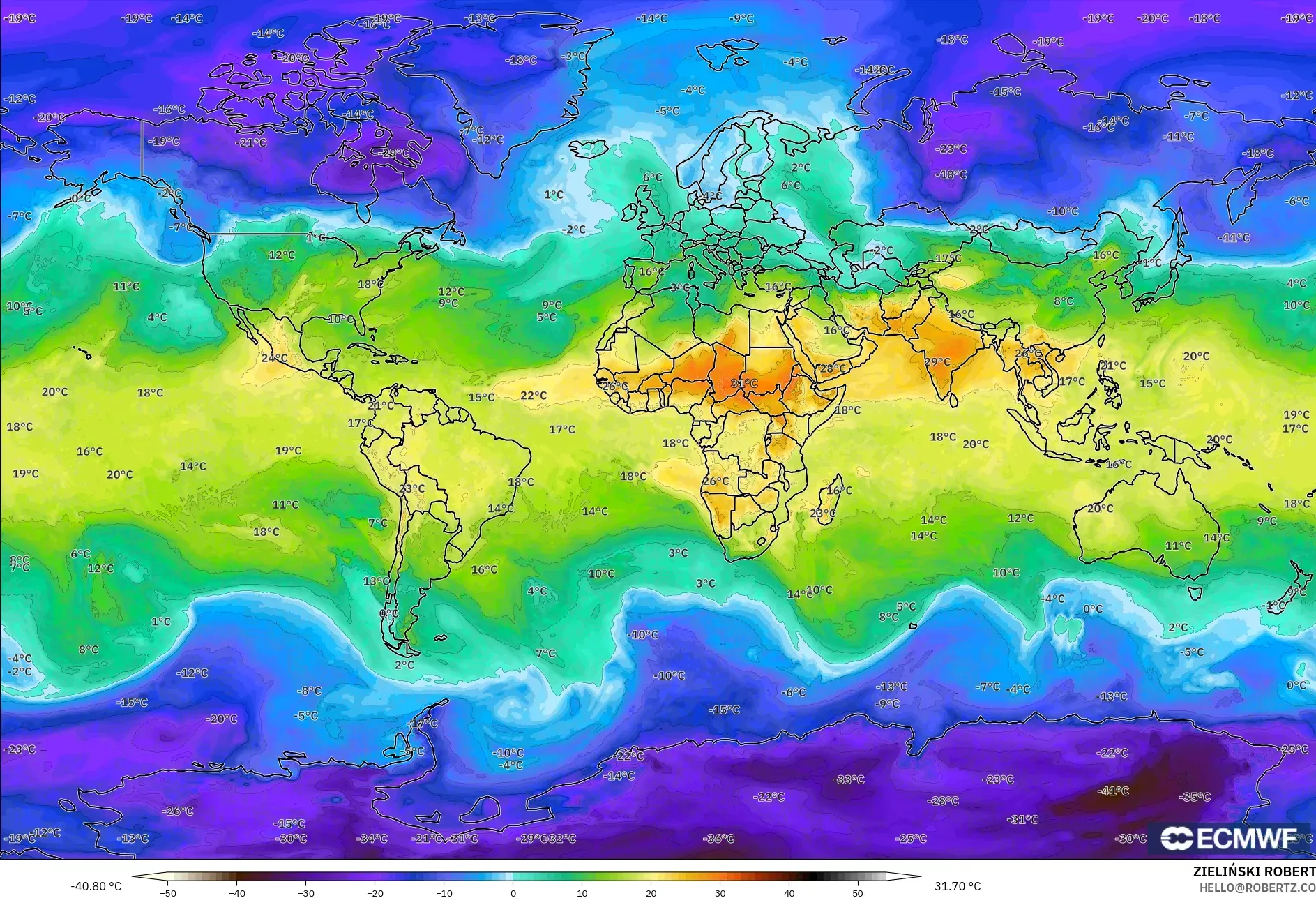 ECMWF IFS 0.25° نموذج - العالم, درجة الحرارة 850 hPa
