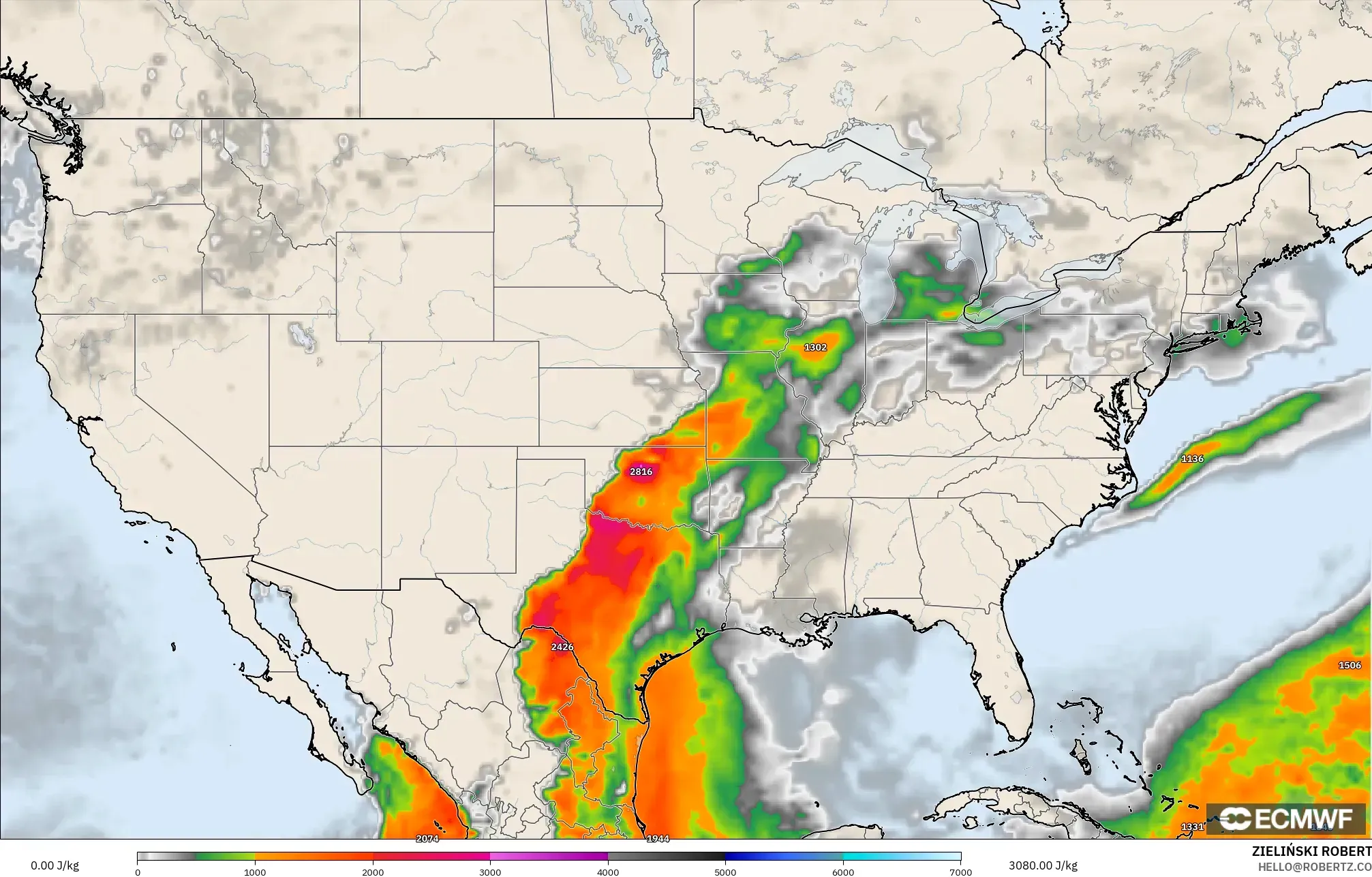 ECMWF IFS 0.25° model - United States, CAPE