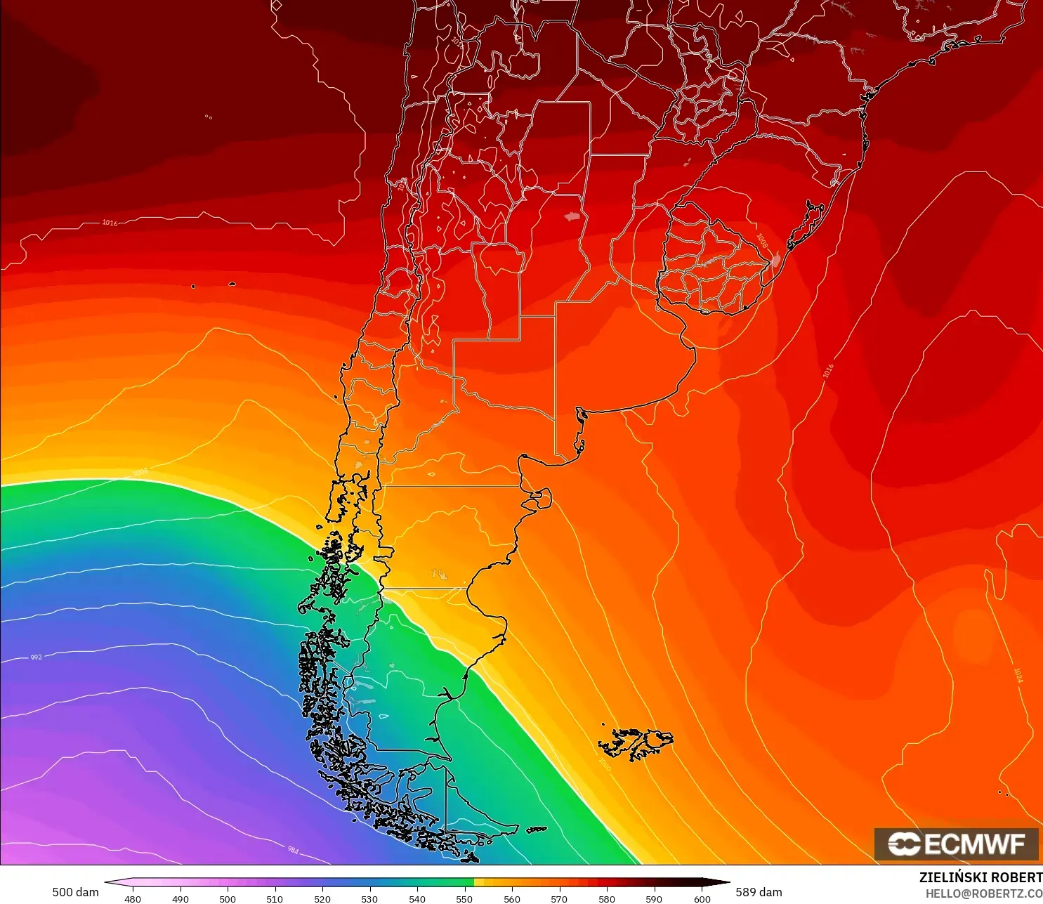 ECMWF IFS 0.25° model - Argentina, Geopotential height at 500hPa
