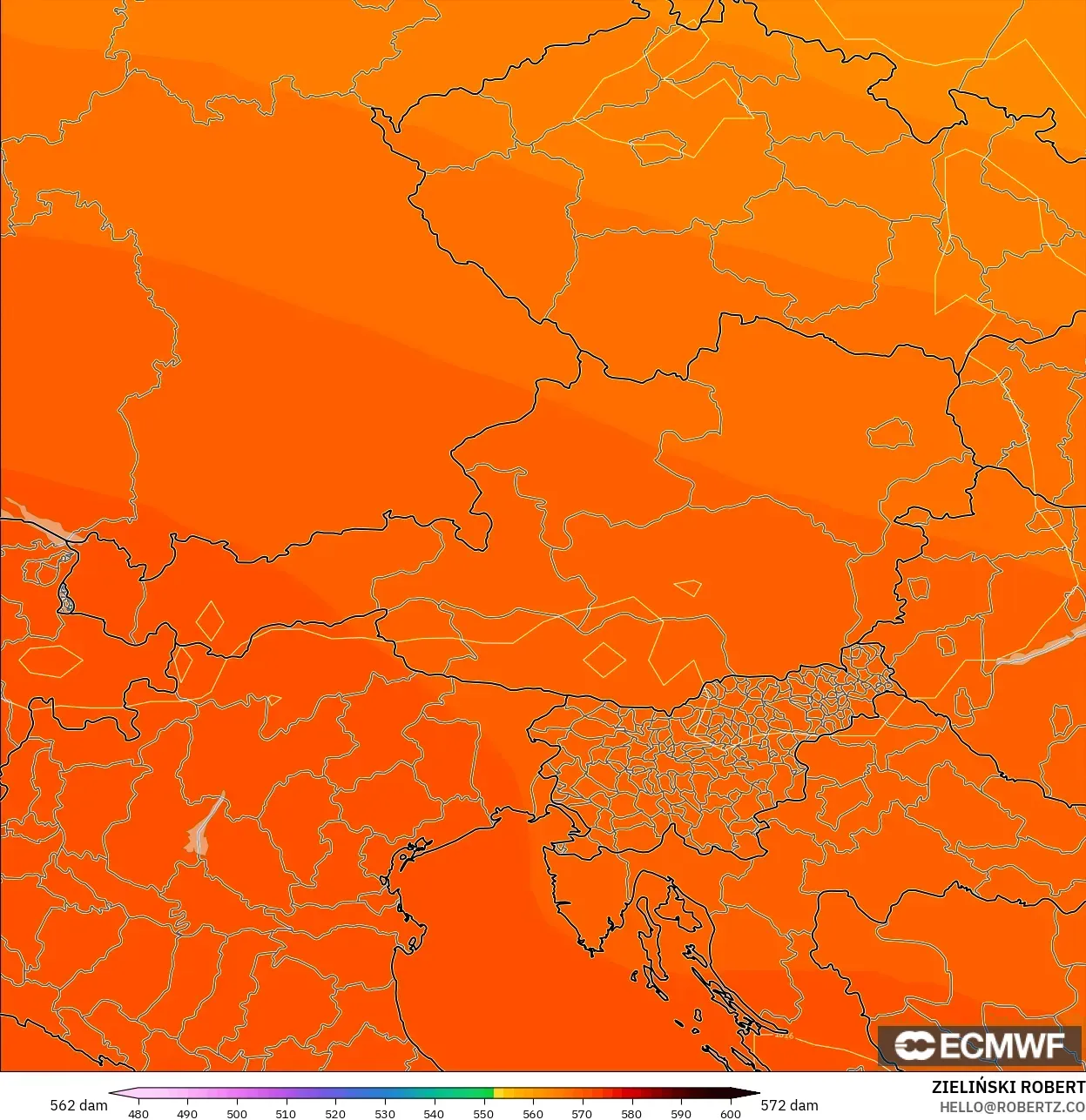 ECMWF IFS 0.25° model - Austria, Geopotential height at 500hPa