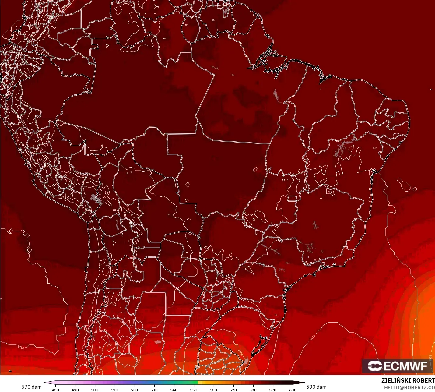 ECMWF IFS 0.25° model - Brazil, Geopotential height at 500hPa
