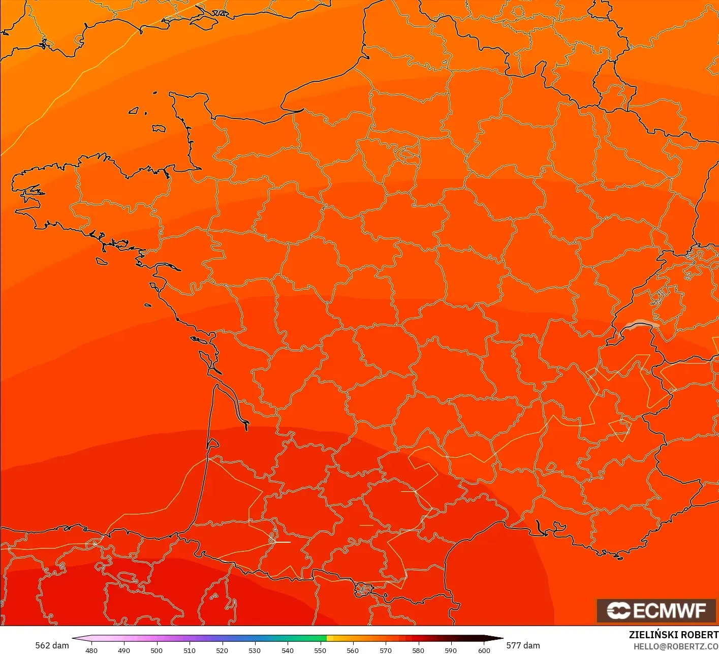 ECMWF IFS 0.25° model - France, Geopotential height at 500hPa