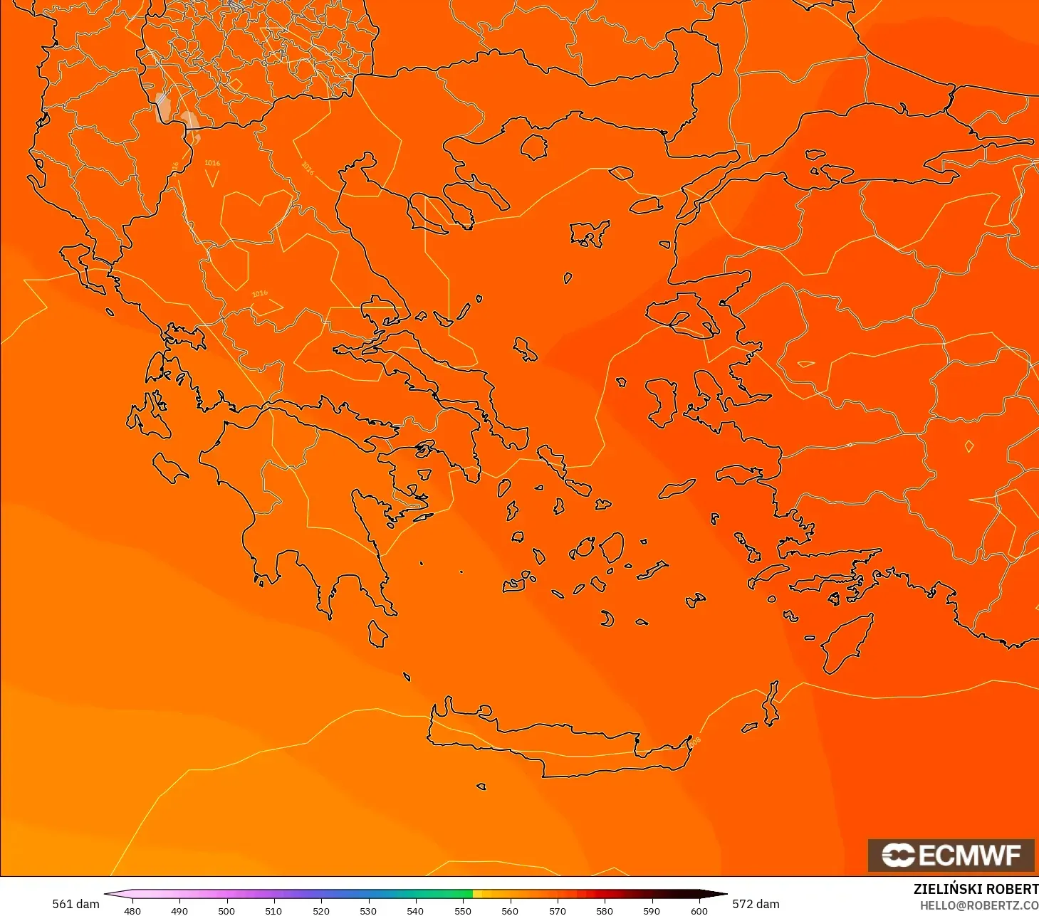 ECMWF IFS 0.25° model - Greece, Geopotential height at 500hPa
