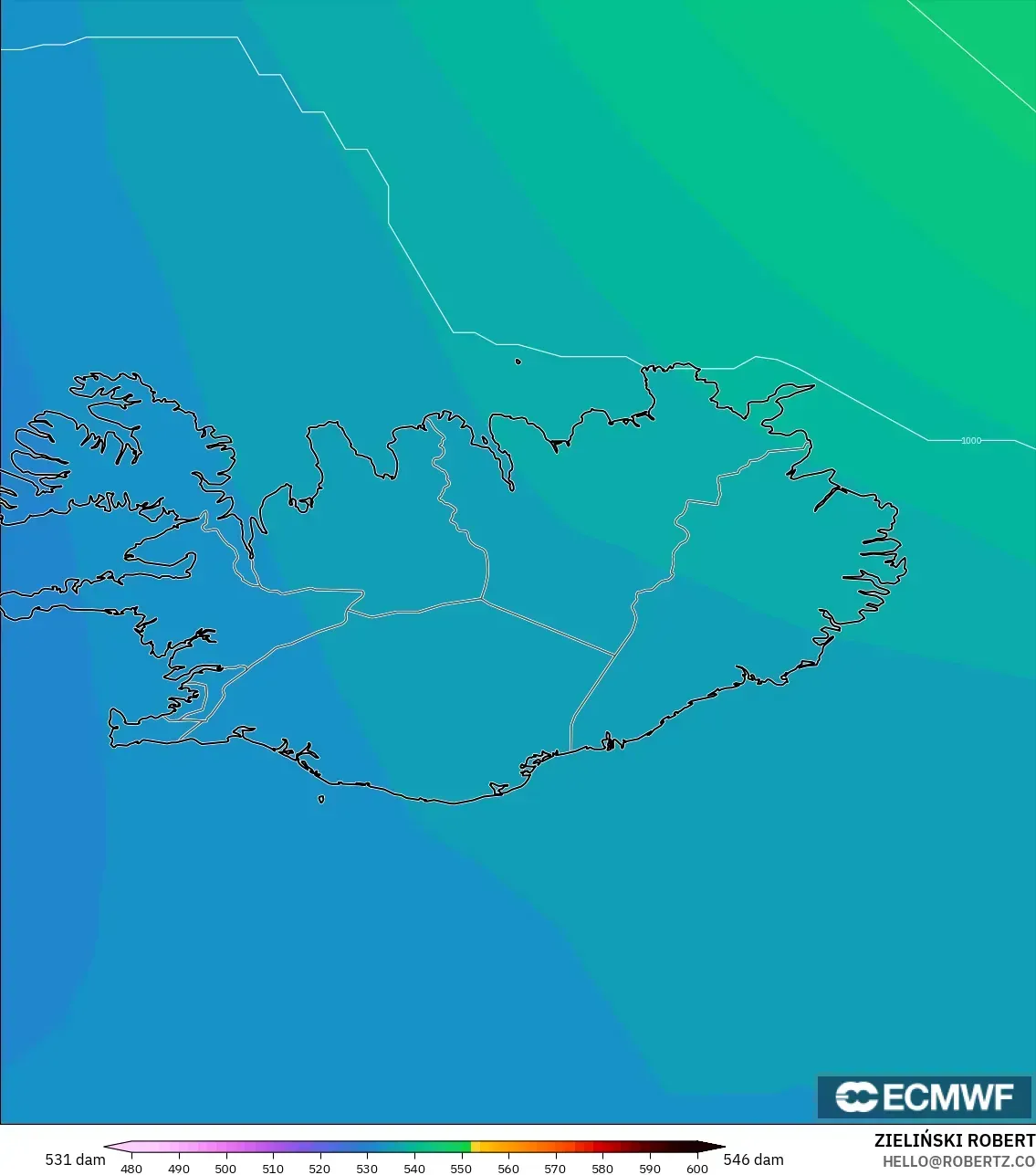 ECMWF IFS 0.25° model - Iceland, Geopotential height at 500hPa