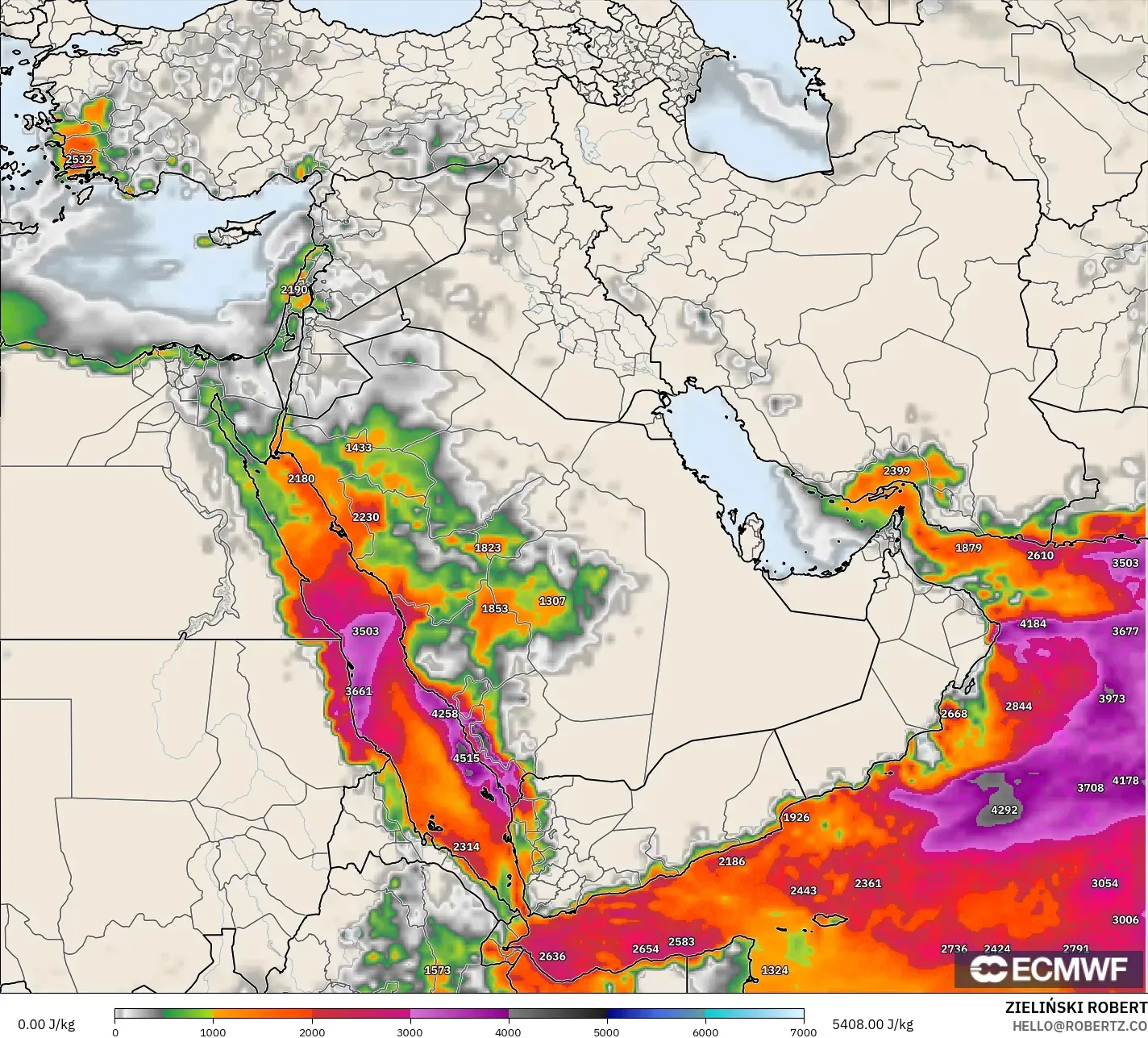 ECMWF IFS 0.25° model - Middle East, CAPE