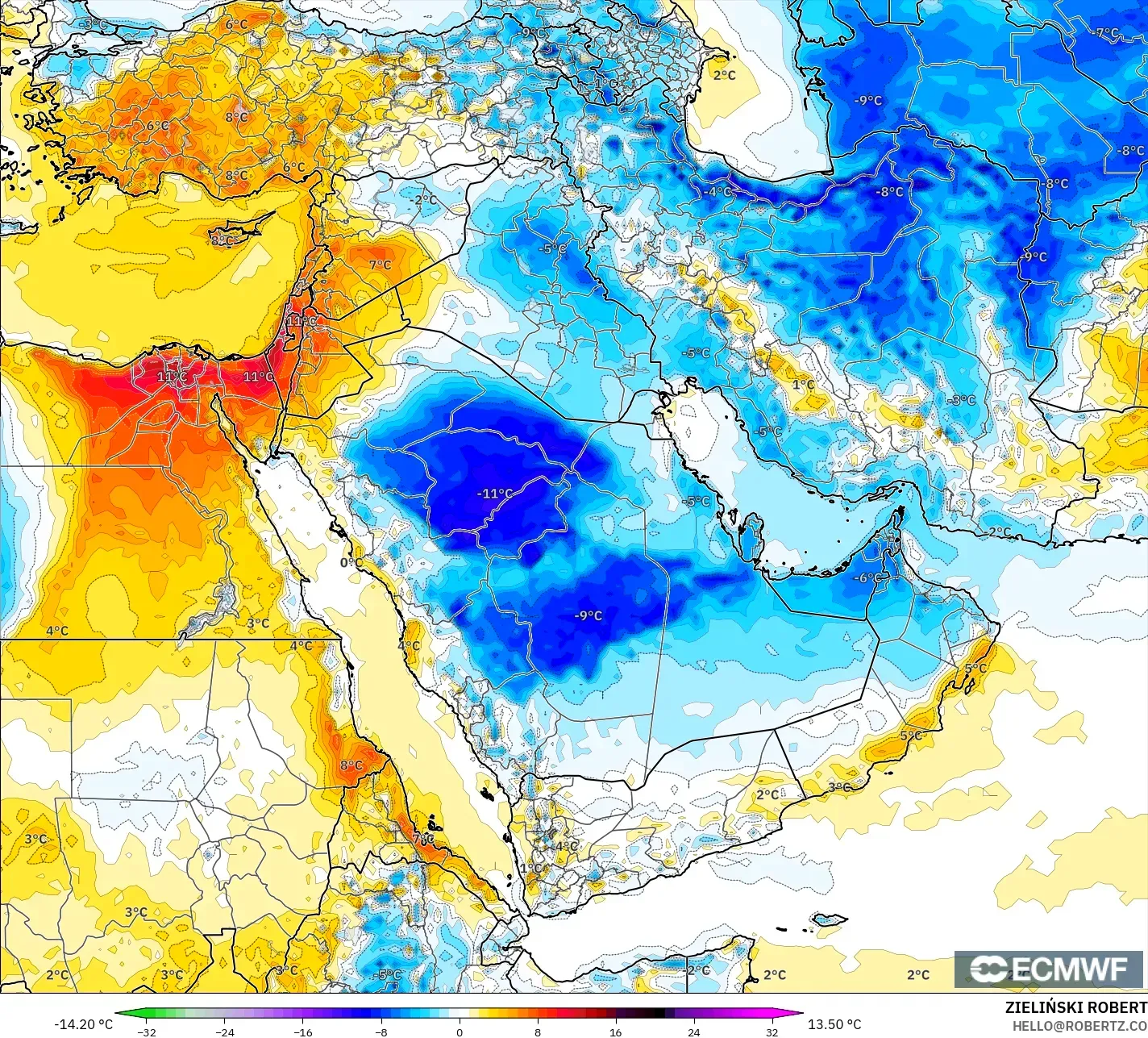 ECMWF IFS 0.25° model - Middle East, Temperature at 2m Anomaly