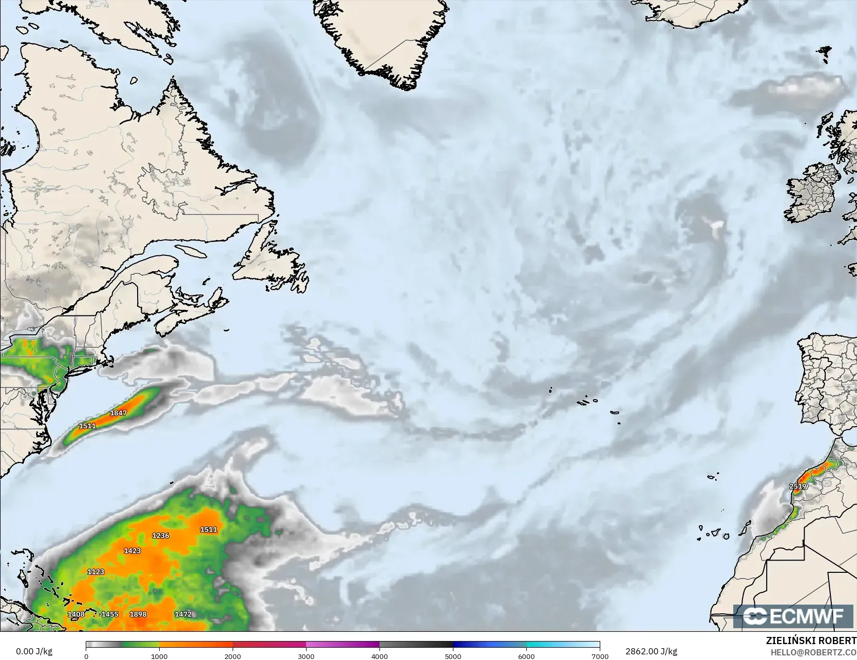 ECMWF IFS 0.25° model - North Atlantic, CAPE