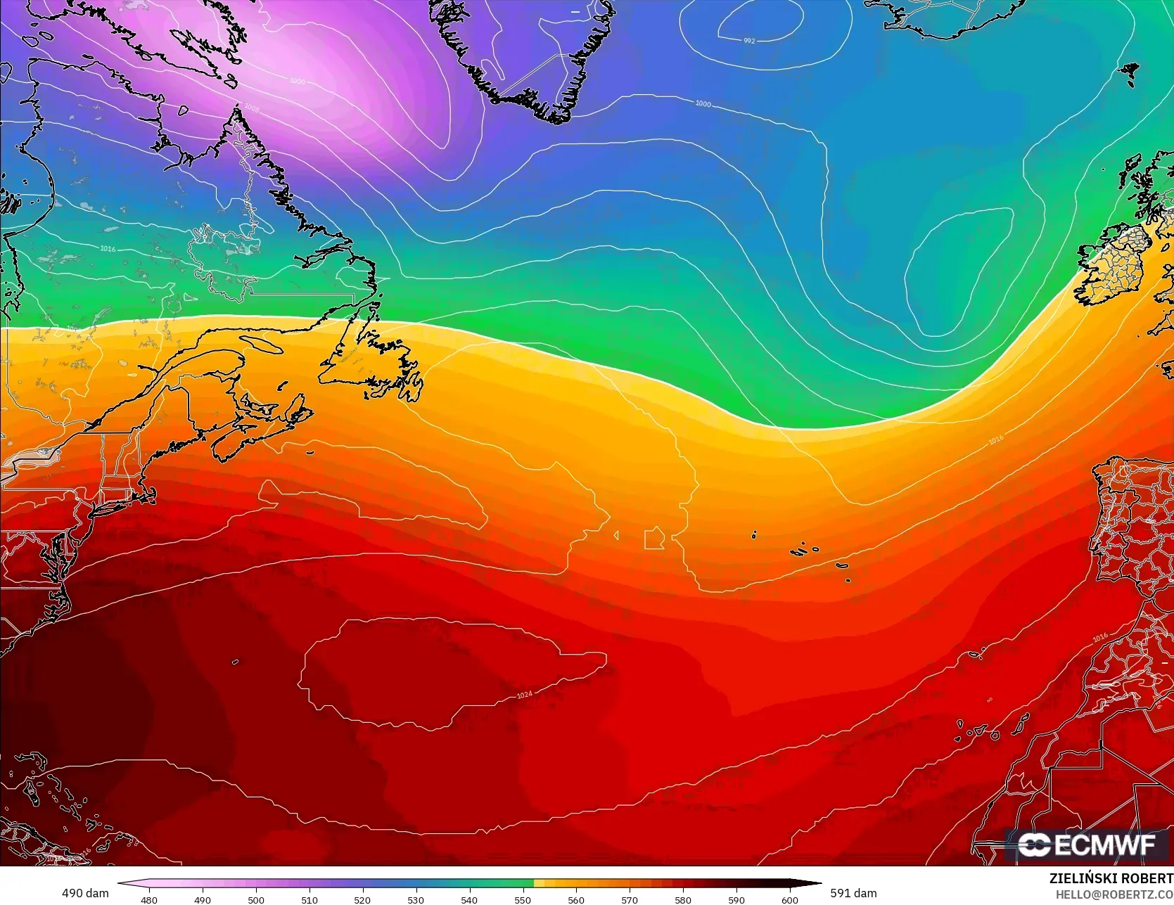 ECMWF IFS 0.25° model - North Atlantic, Geopotential height at 500hPa