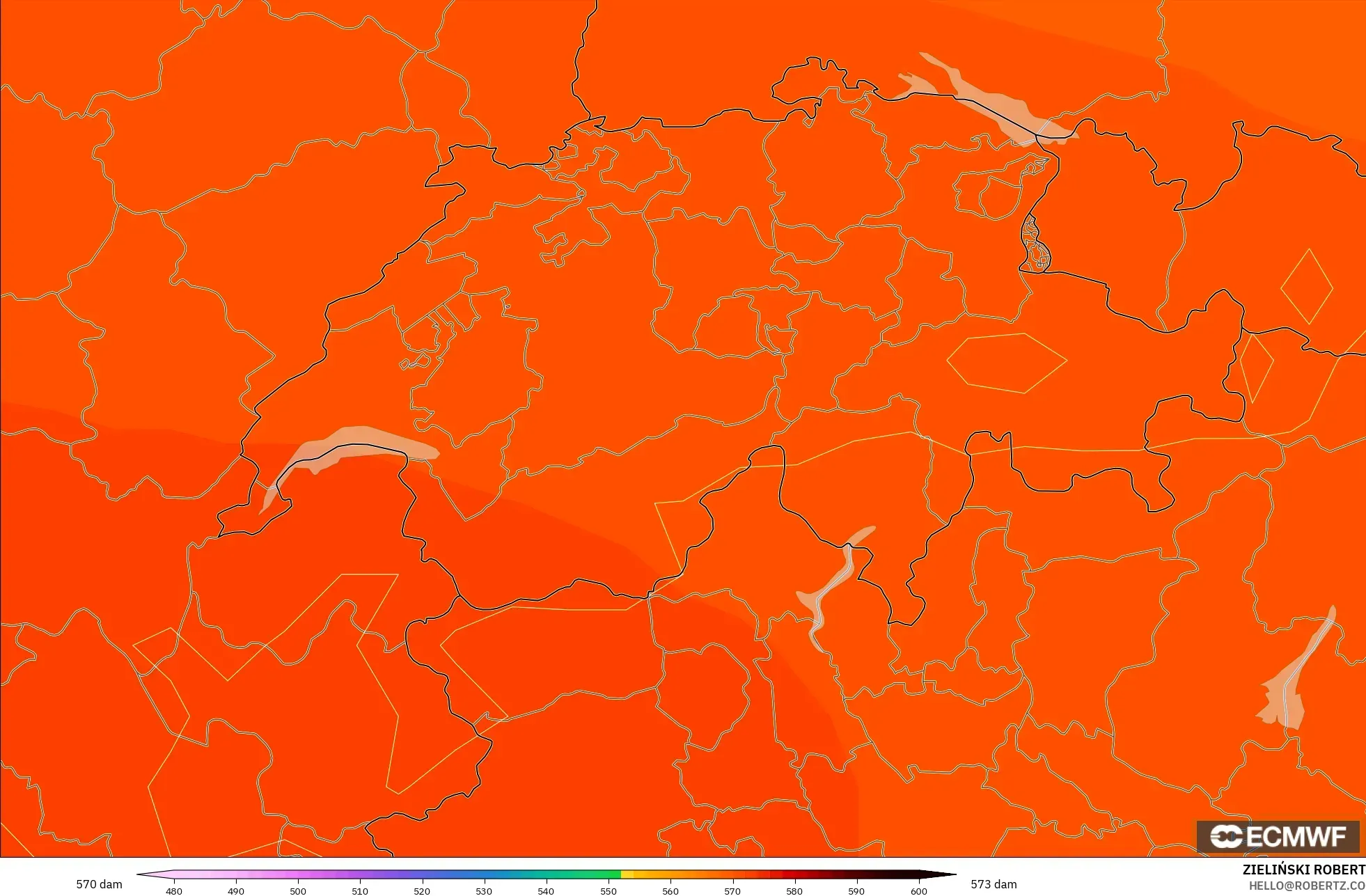 ECMWF IFS 0.25° model - Switzerland, Geopotential height at 500hPa