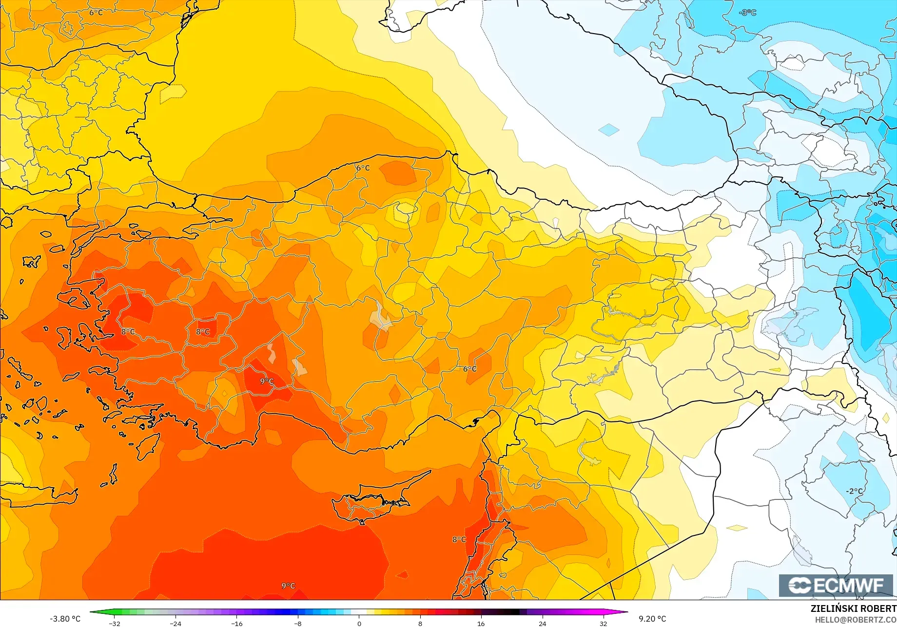 ECMWF IFS 0.25° model - Turkey, Temperature at 850hPa Anomaly