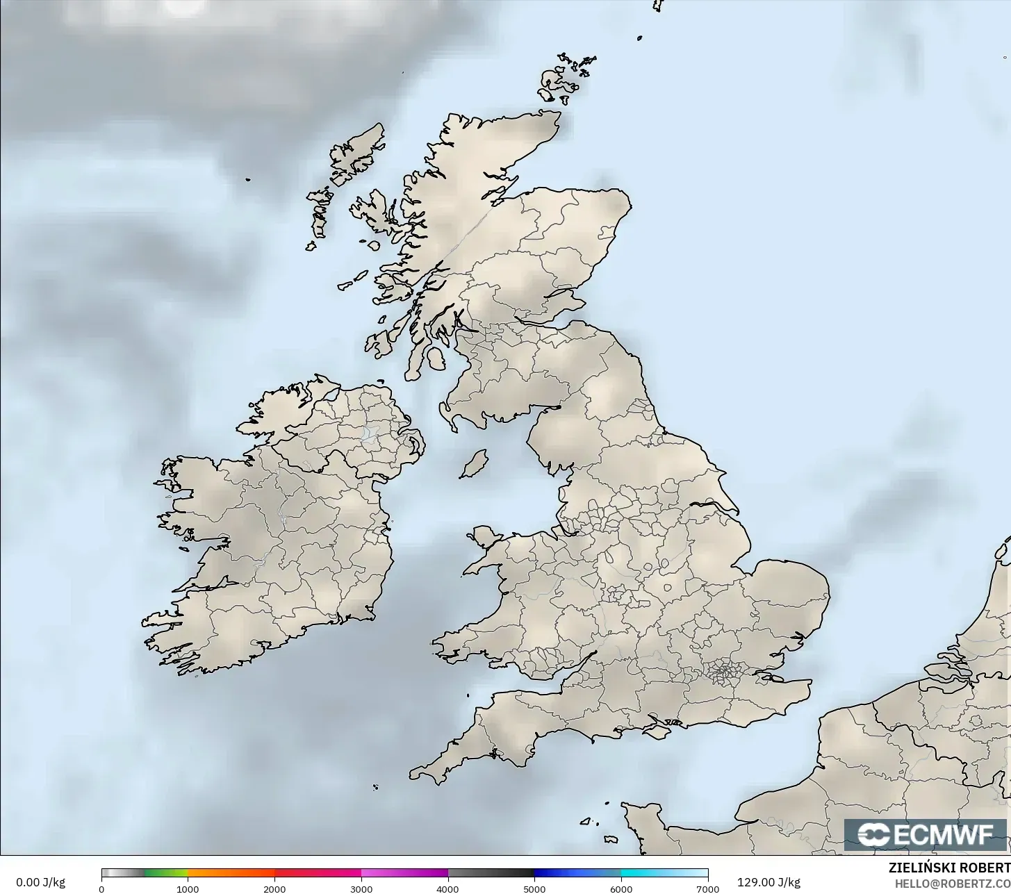 ECMWF IFS 0.25° model - United Kingdom, CAPE