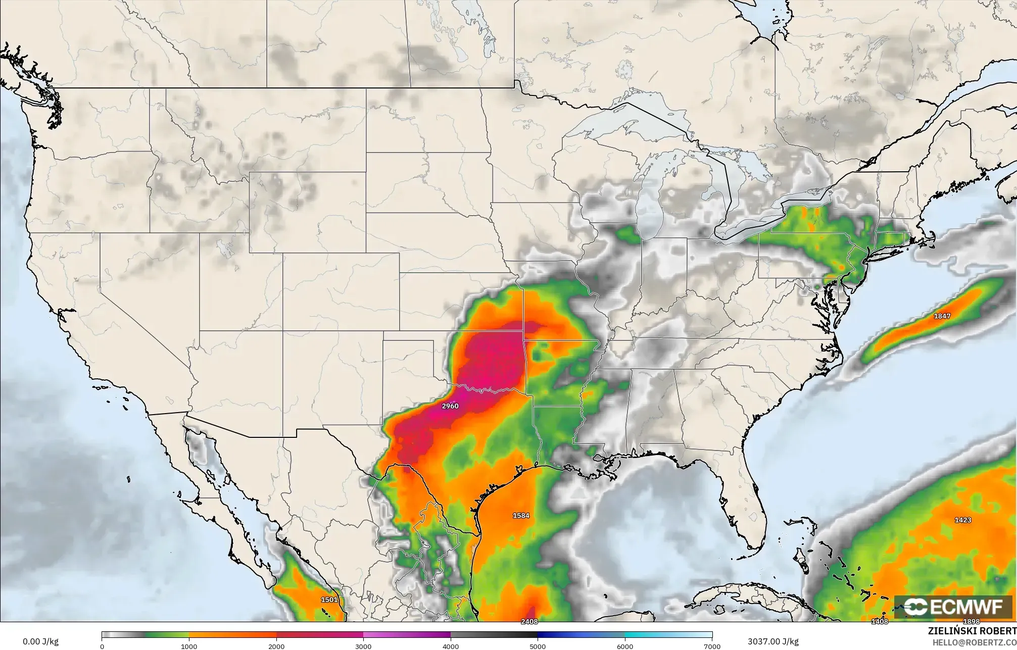 ECMWF IFS 0.25° model - United States, CAPE