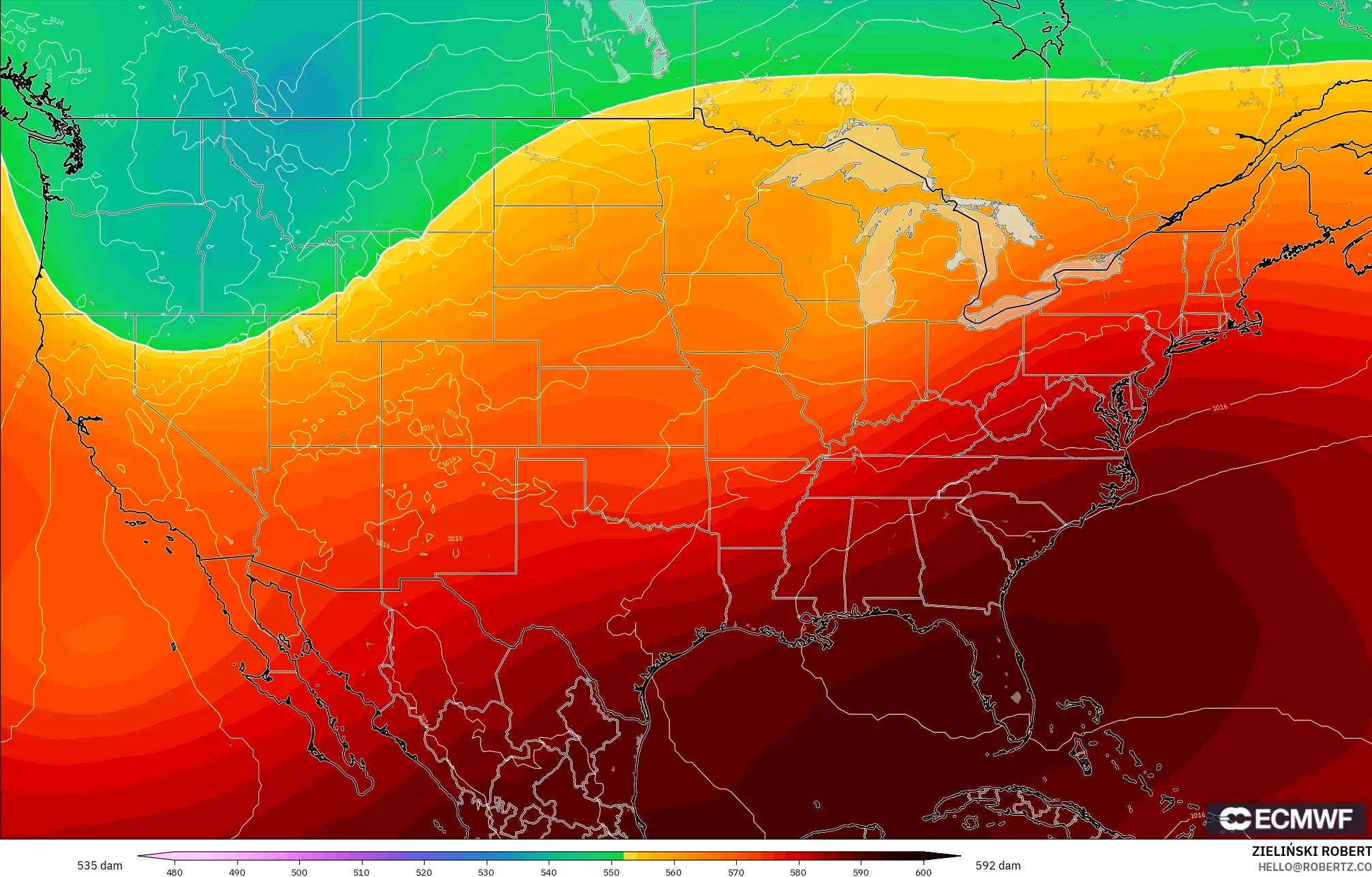 ECMWF IFS 0.25° model - United States, Geopotential height at 500hPa