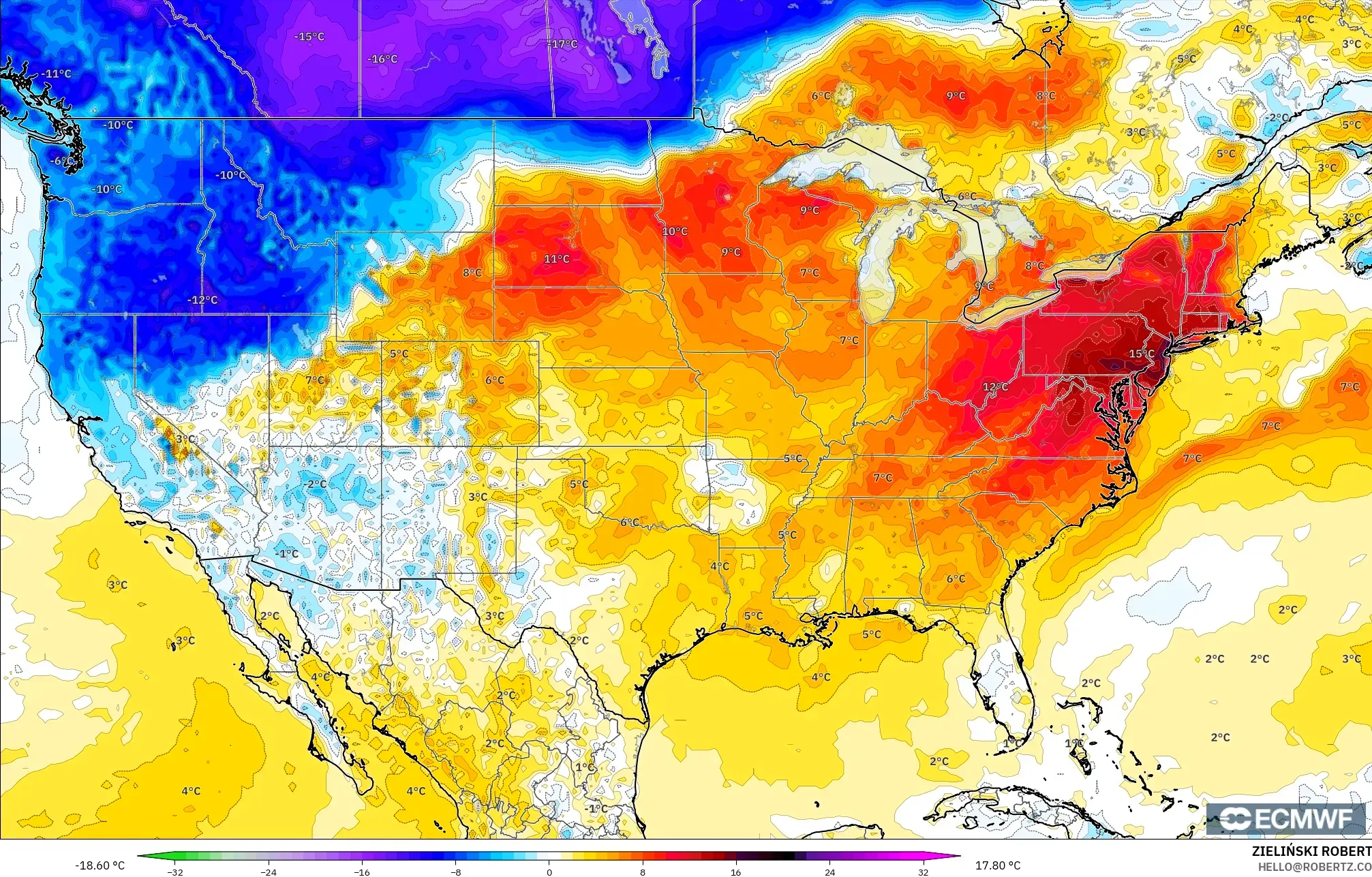 ECMWF IFS 0.25° model - United States, Temperature at 2m Anomaly