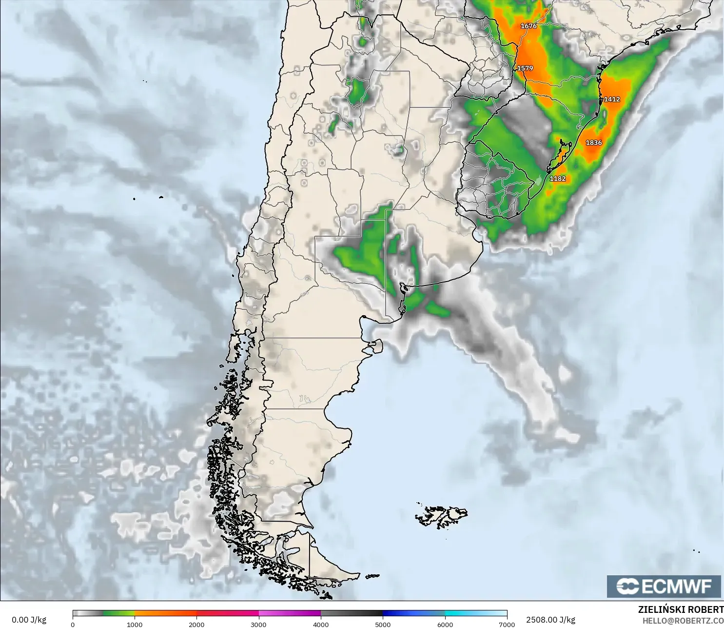 ECMWF IFS 0.25° model - Argentina, CAPE