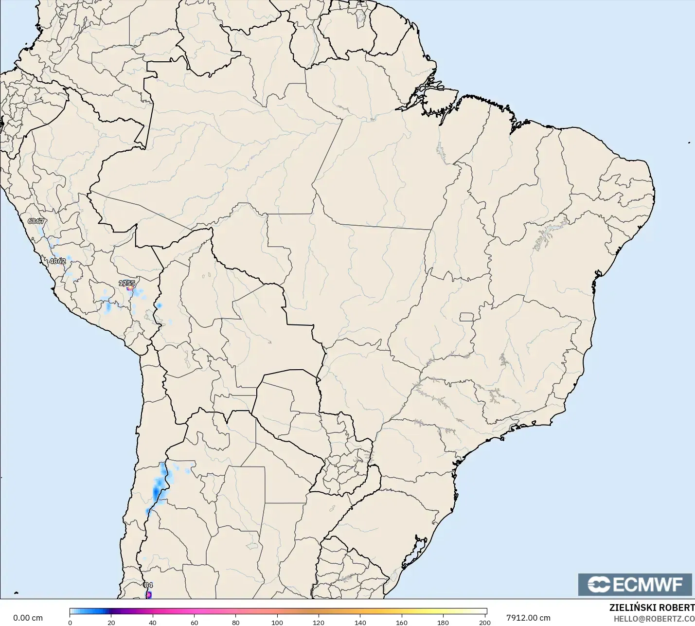 ECMWF IFS 0.25° model - Brazil, Snow Depth