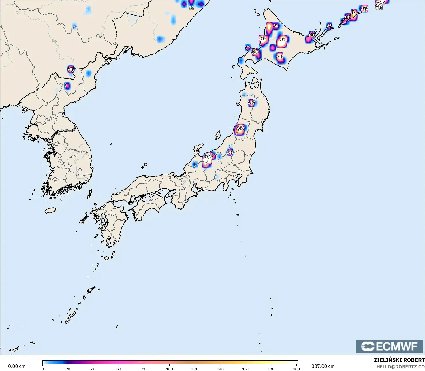 ECMWF IFS 0.25° model - Japan, Snow Depth
