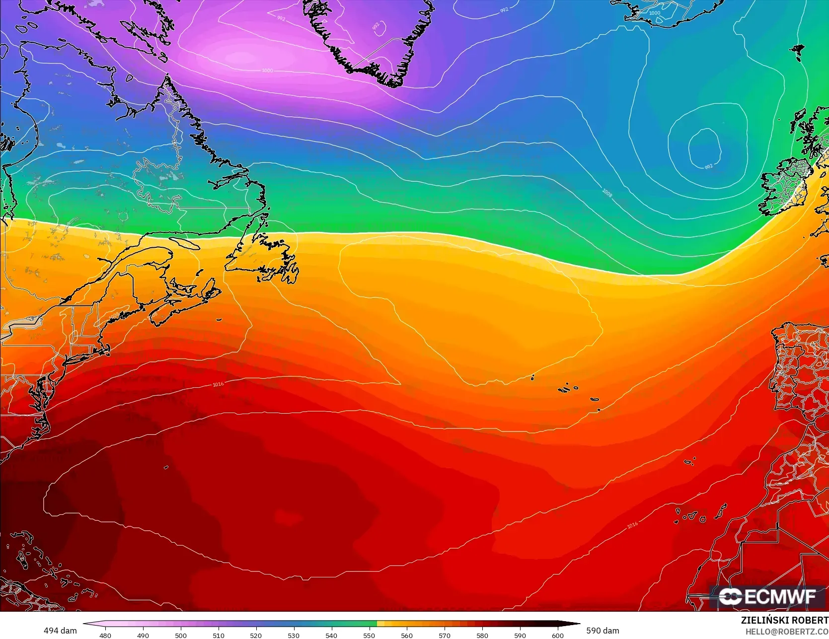 ECMWF IFS 0.25° model - North Atlantic, Geopotential height at 500hPa
