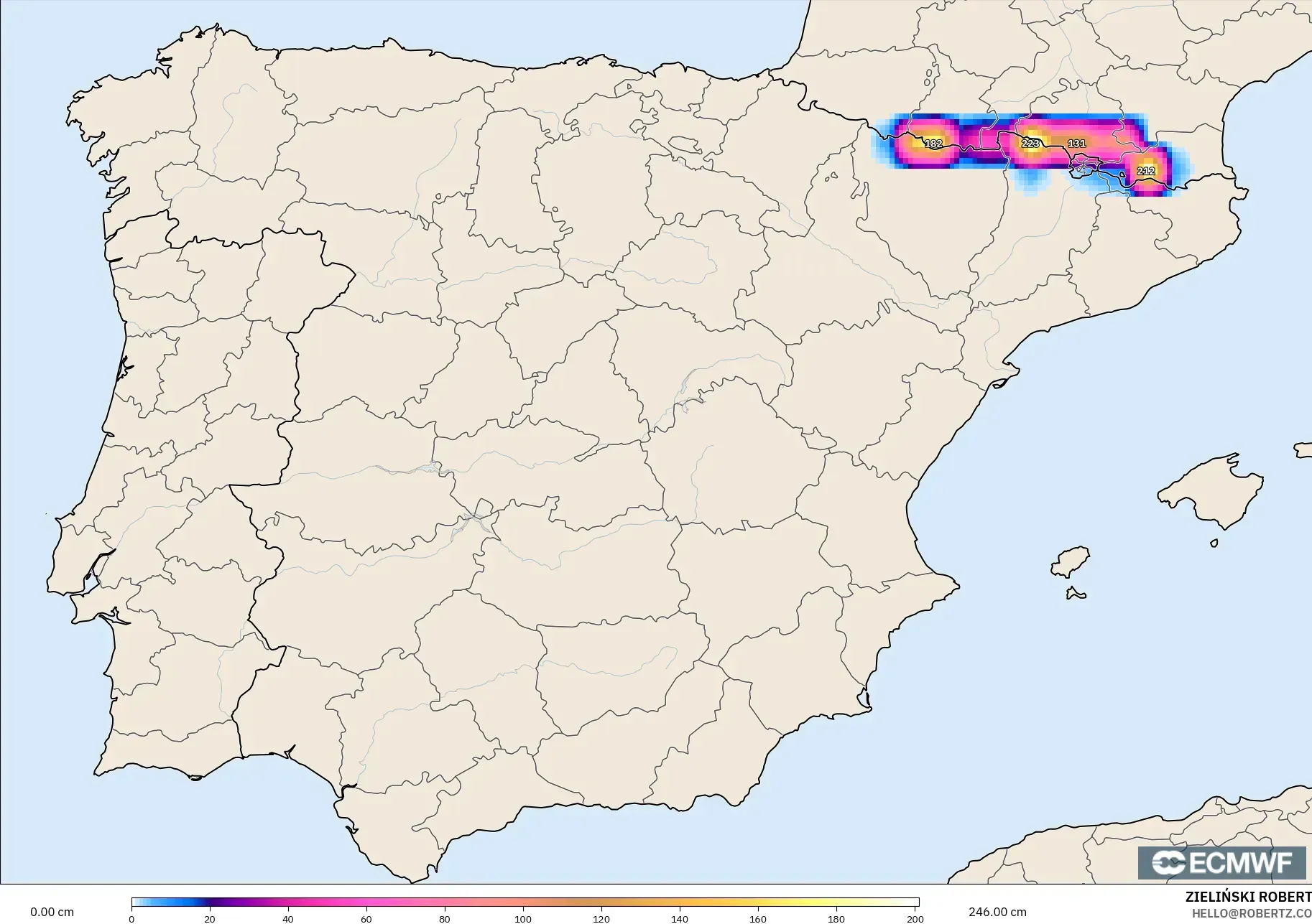 ECMWF IFS 0.25° model - Spain, Snow Depth
