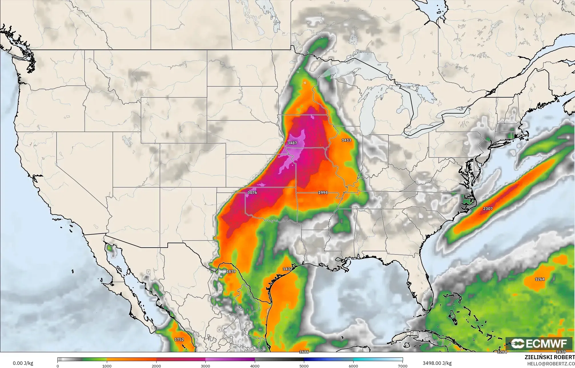 ECMWF IFS 0.25° model - United States, CAPE